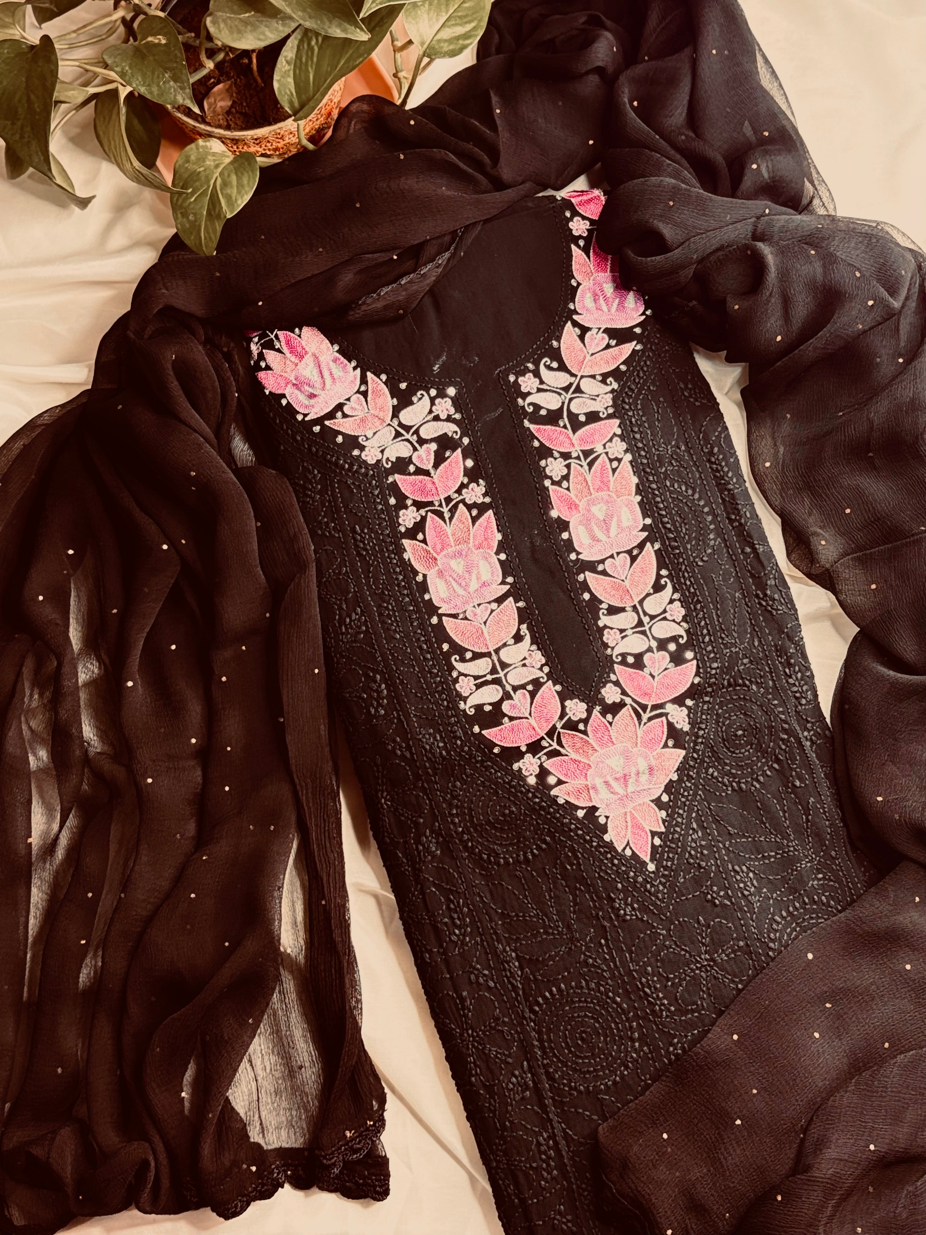 Bahara Black Parsi Gara Chikankari Work Suit
