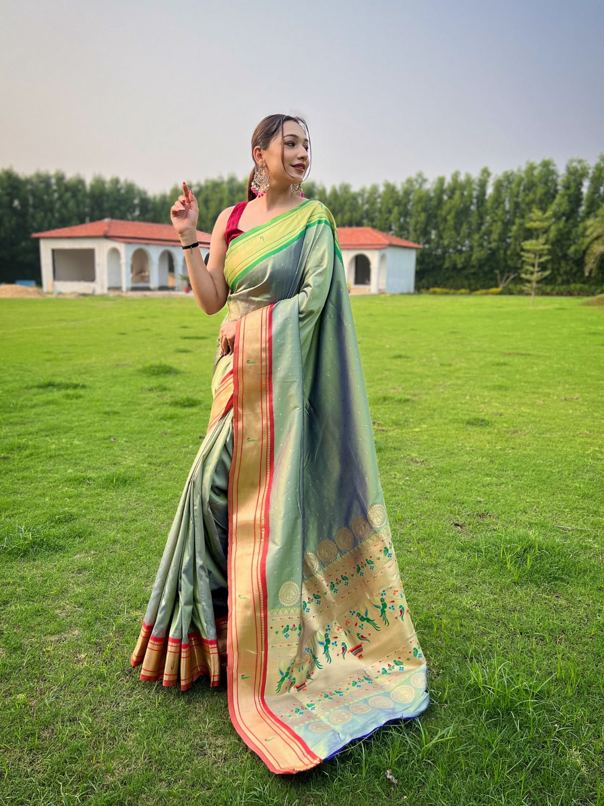 Olive Green & Red Ethnic Motifs Zari Paithani Brasso Silk Saree