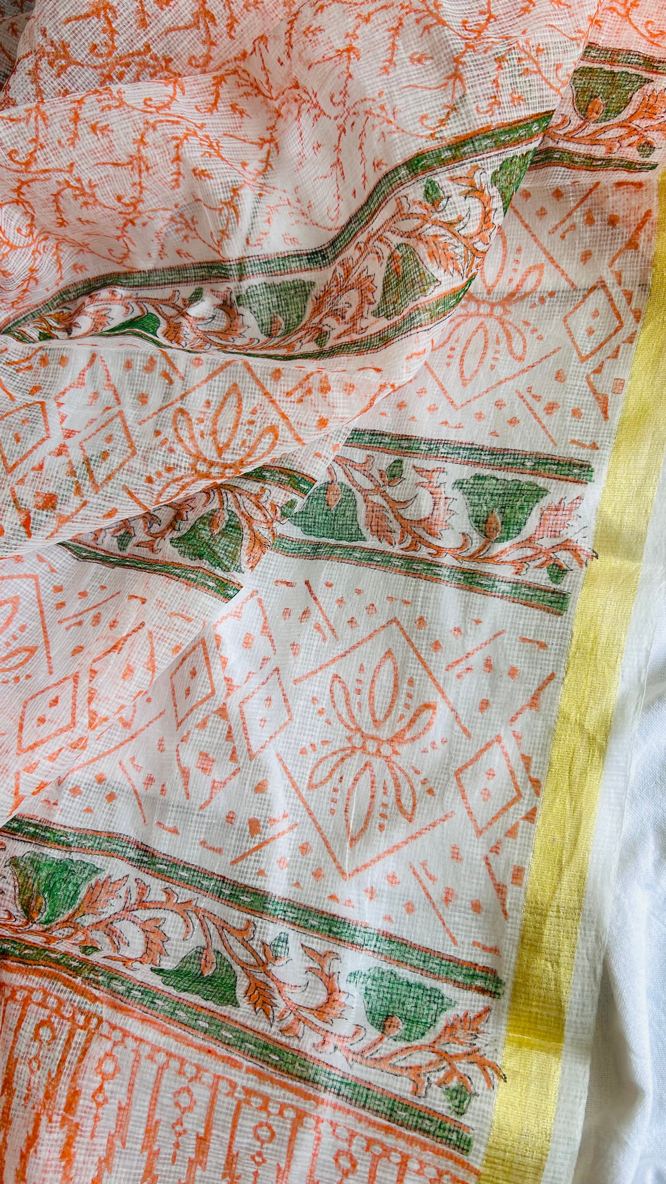 Summer Look Kota Doria Hand Block Print Suit In Peach (unstitched)