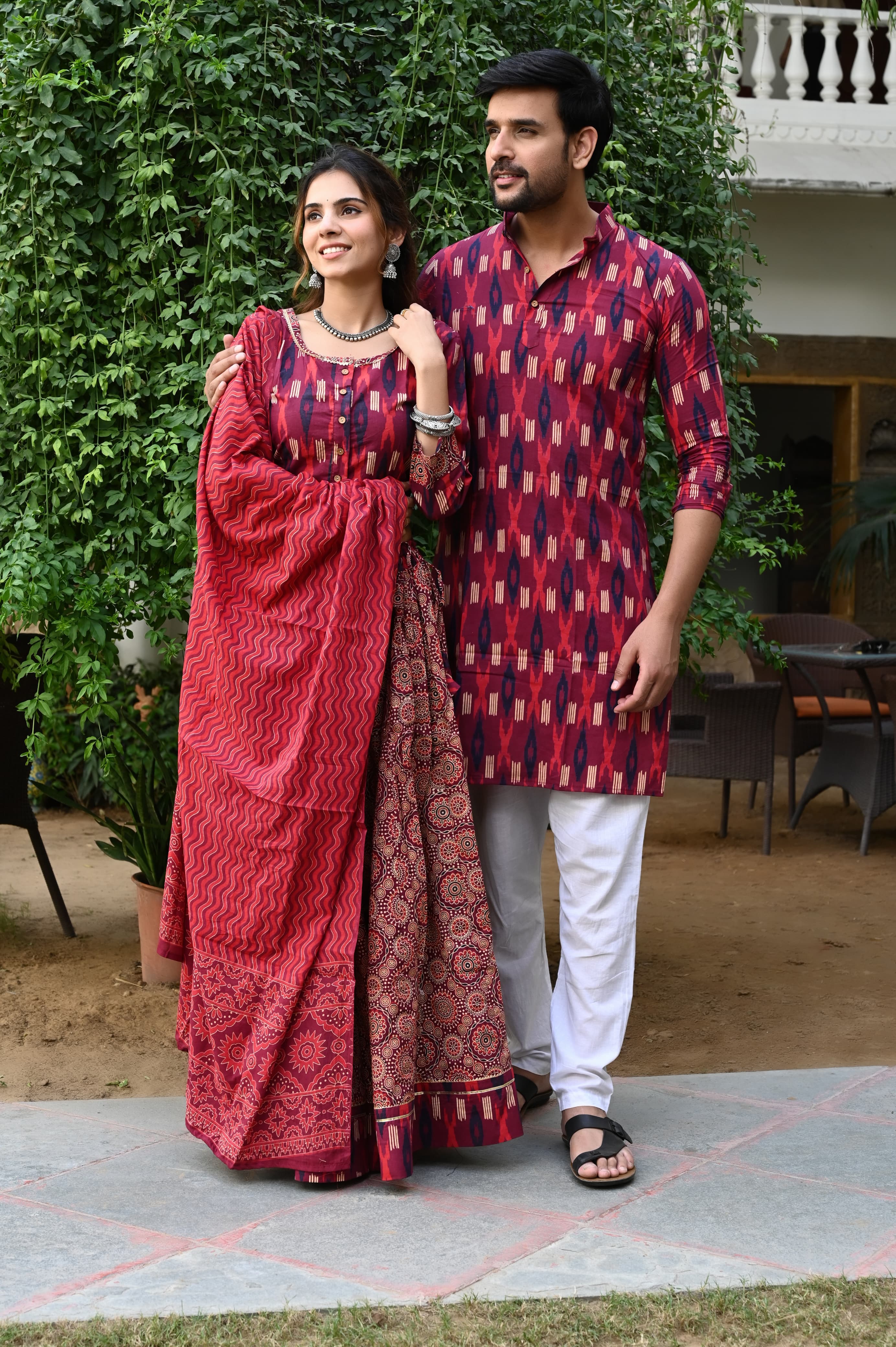 Red Pure Cotton Twinning Couple Set In Block Print