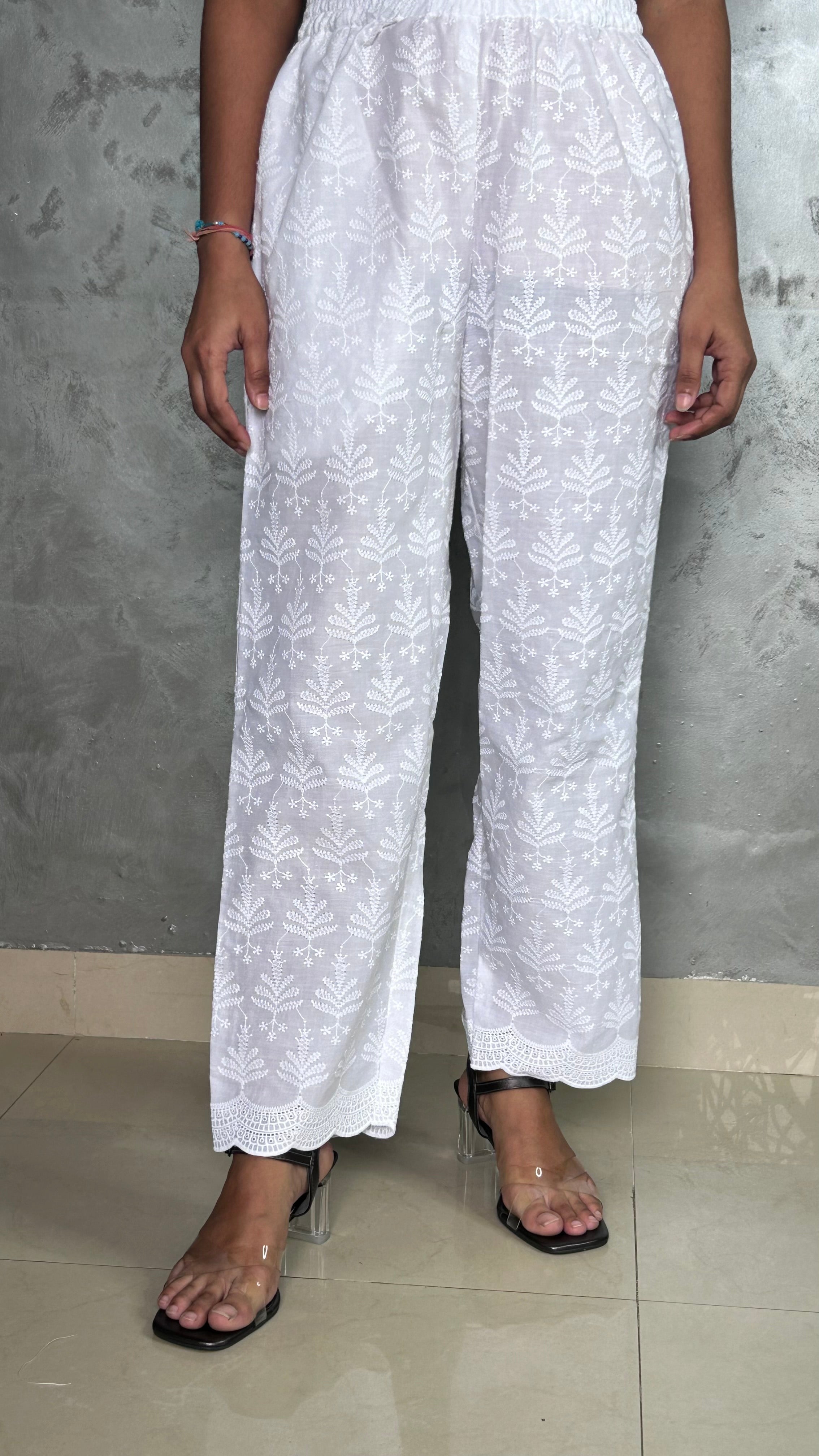 White Full Chikankari Embroidery Work Straight Pant In Cotton