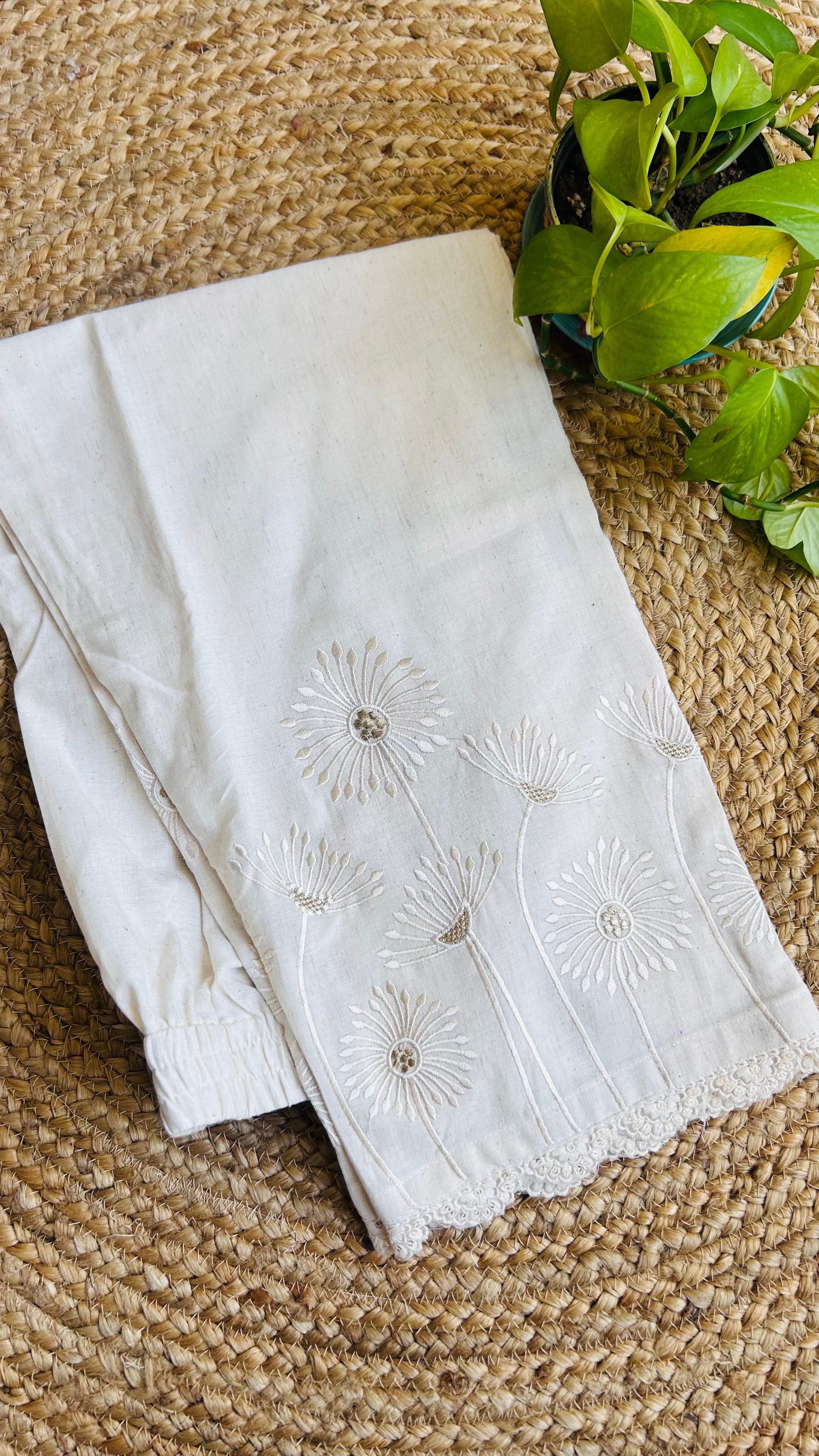 Prisha Cream Flower Embroidery Straight Pant In Cotton For Women