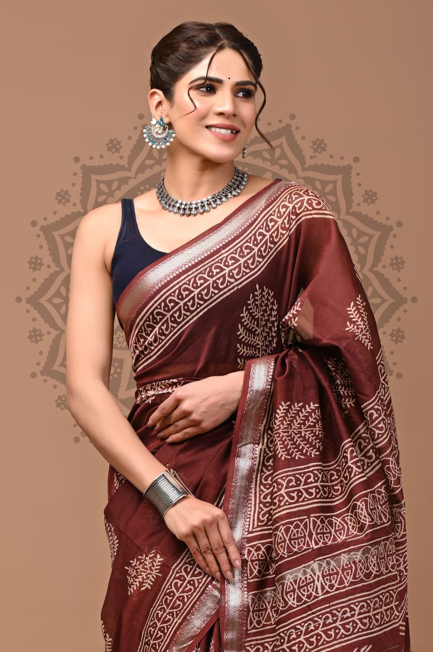 Maroon Maheshwari Bagru Print Saree