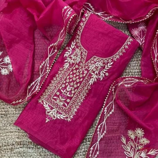 Royal Pink Hand Gota Patti Organza Suit