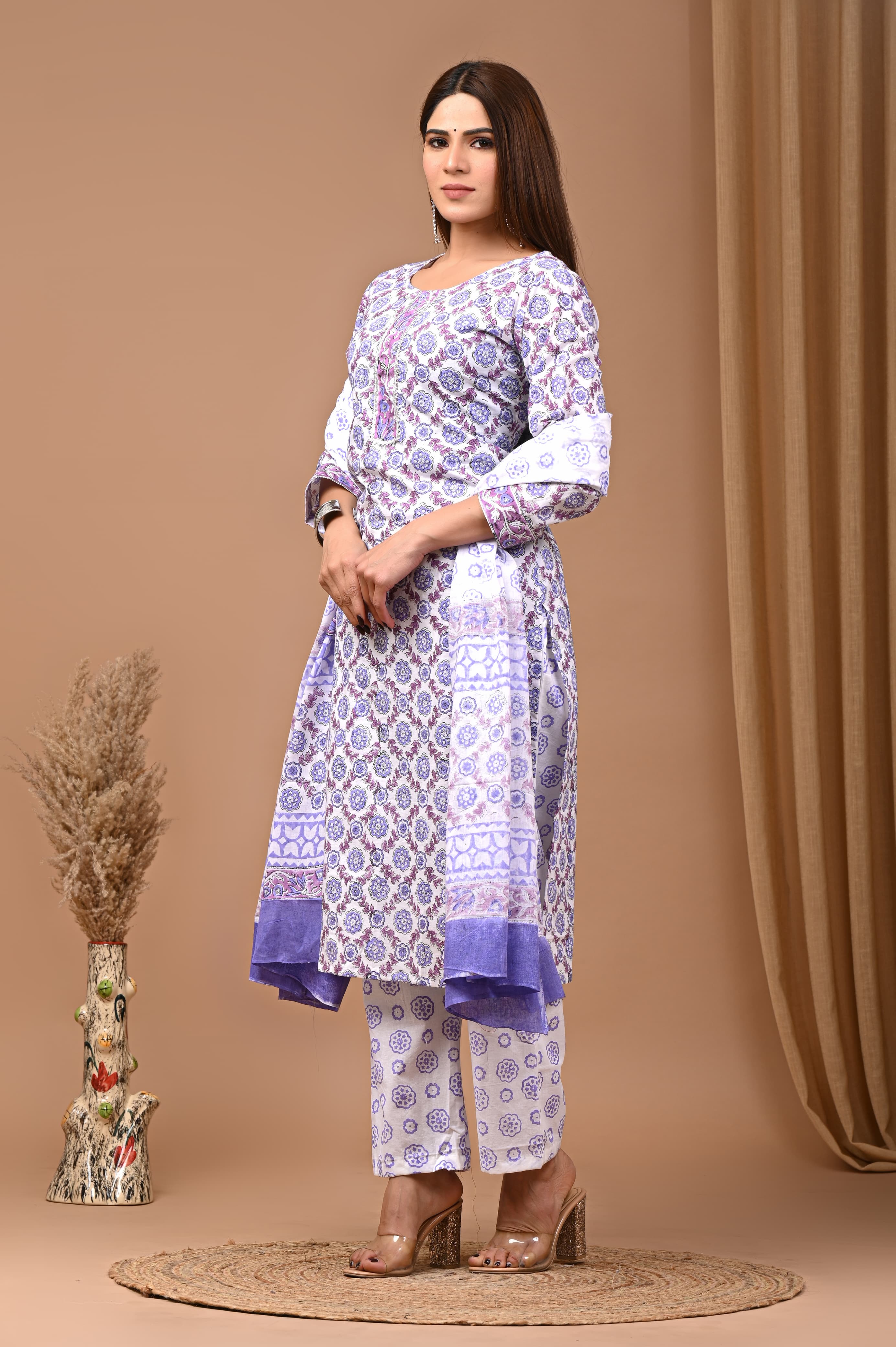 Purple Blue Block Print Suit Set With Dupatta