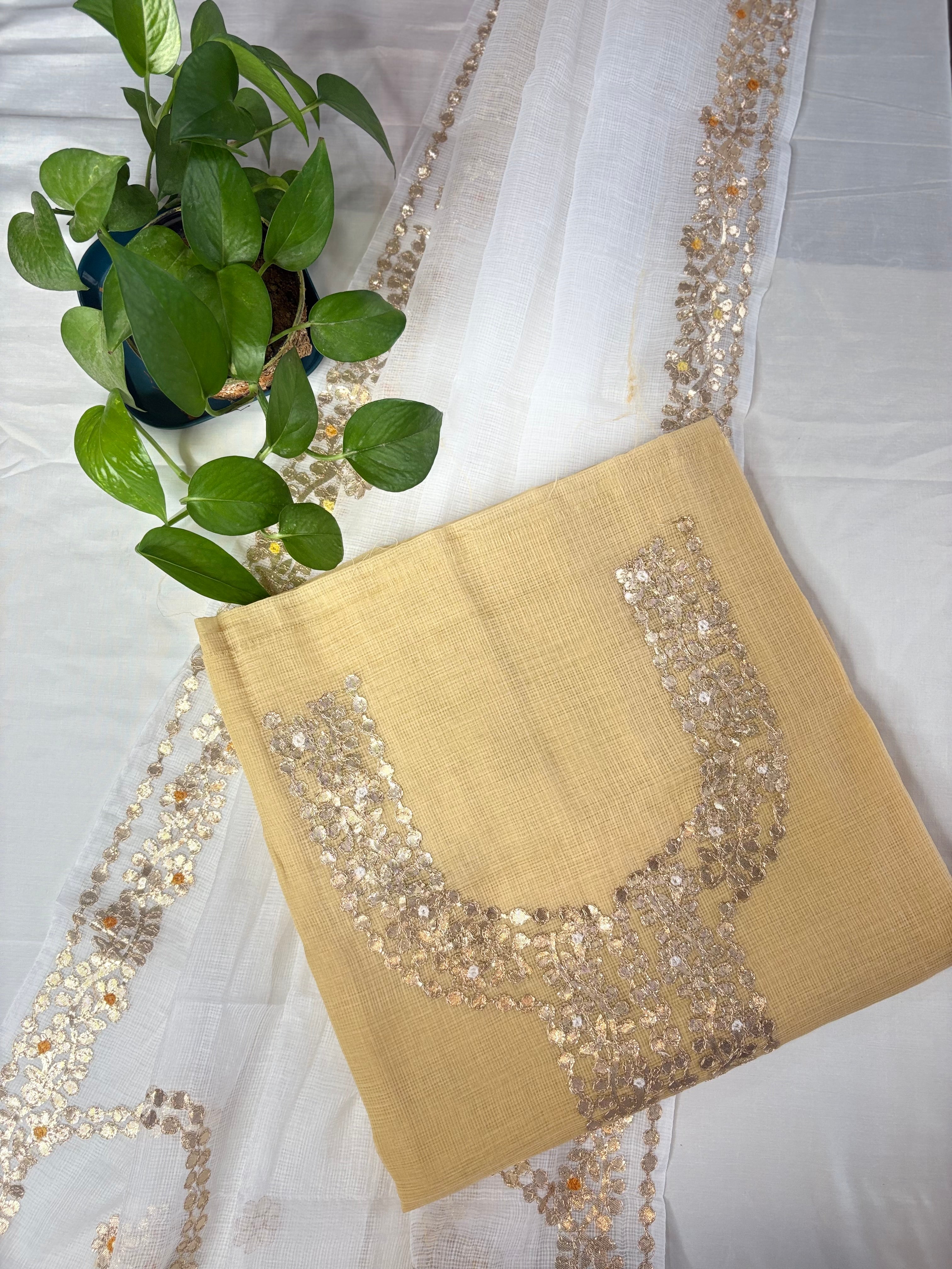 Beautiful Kota Doriya Gota Patti Work Suit In cream