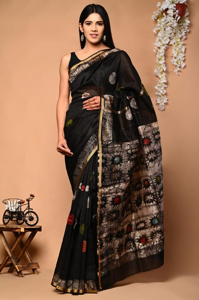 black chanderi silk saree with golden border and phulkari pallu - BOVEEE -  3832943