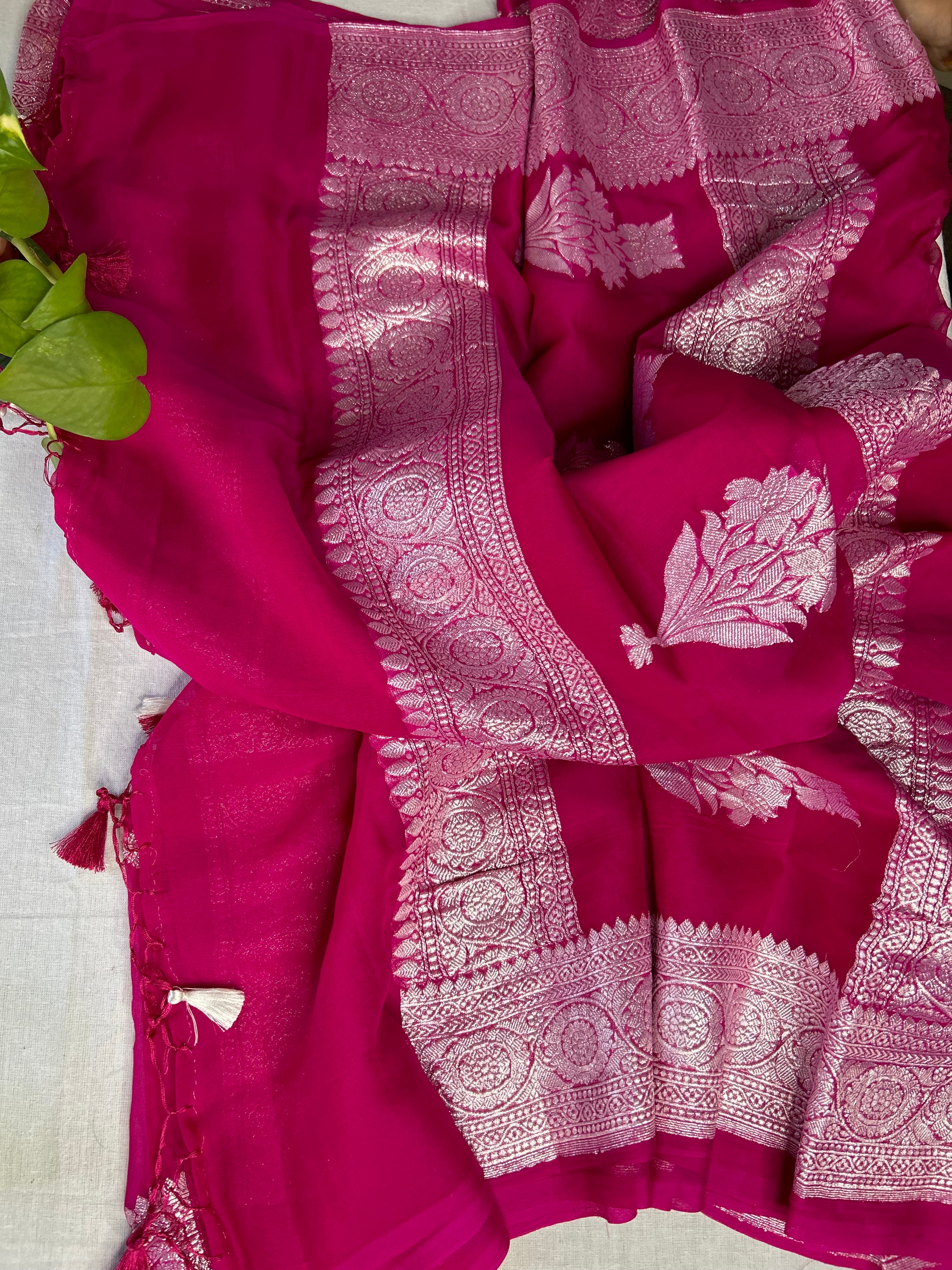 Hot Pink Khaddi Banarasi Chiffon Saree