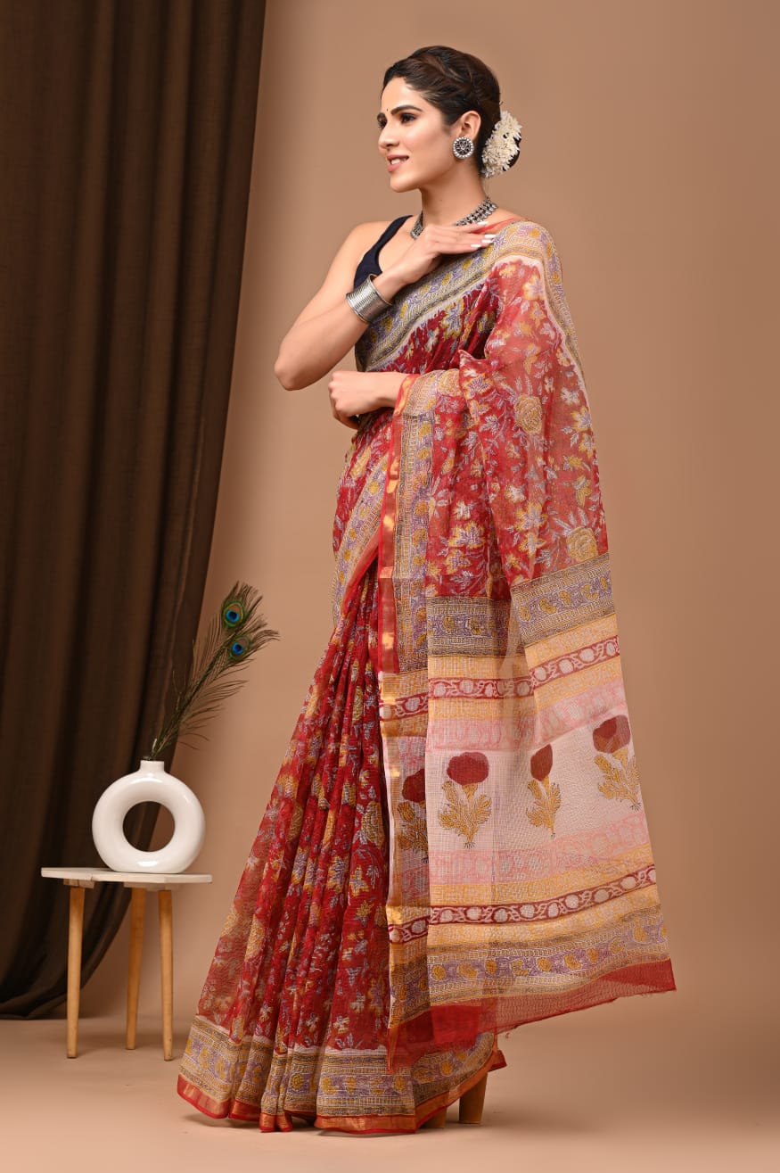 Trending Red Kota Doria Traditional Print Saree