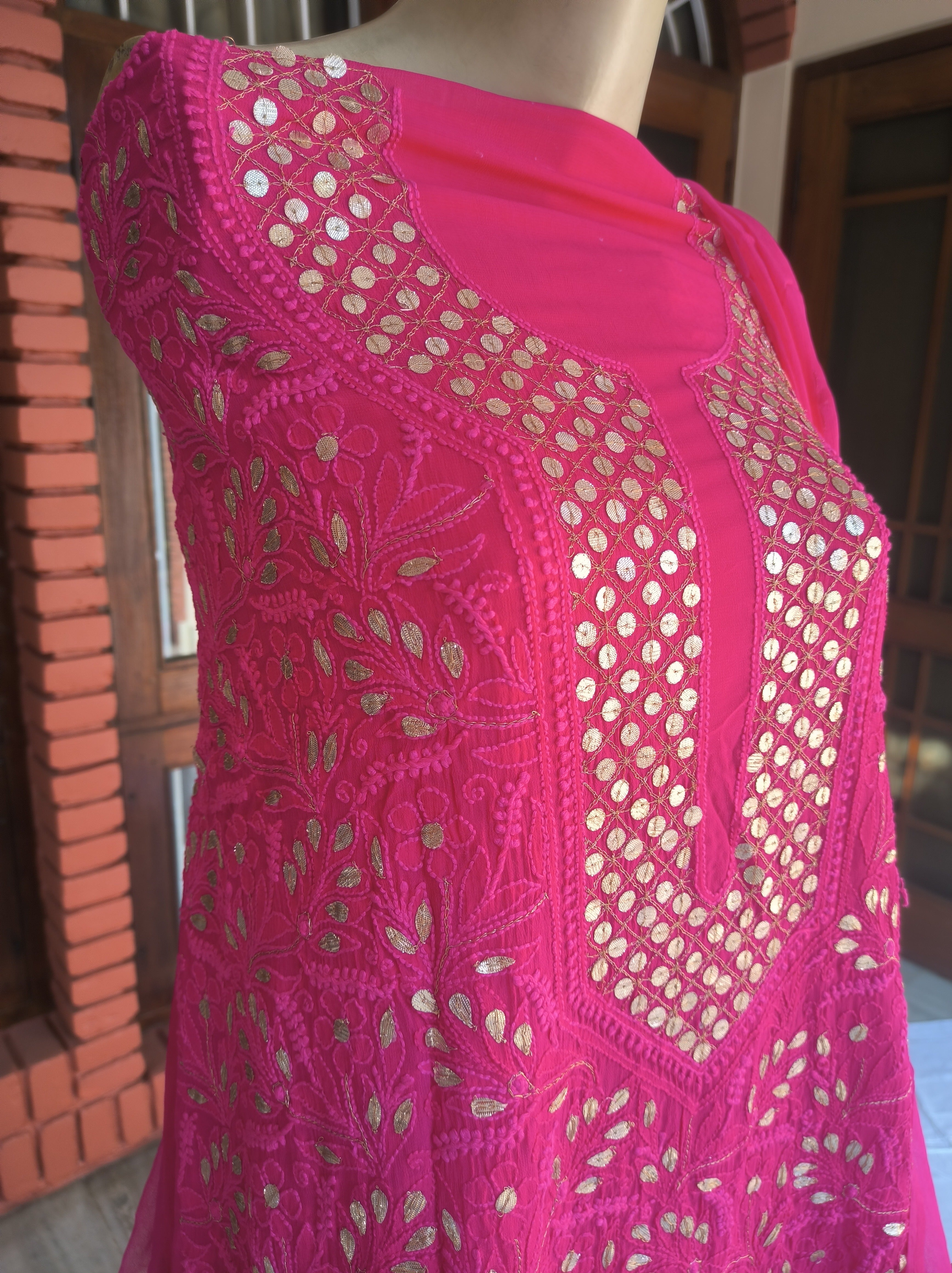 Rani pink Lucknowi Chikankari Gota Patti Salwar Suit(Dress Material)