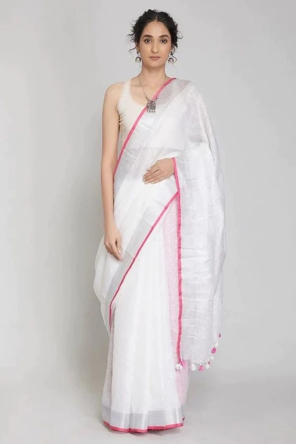 White Style linen saree