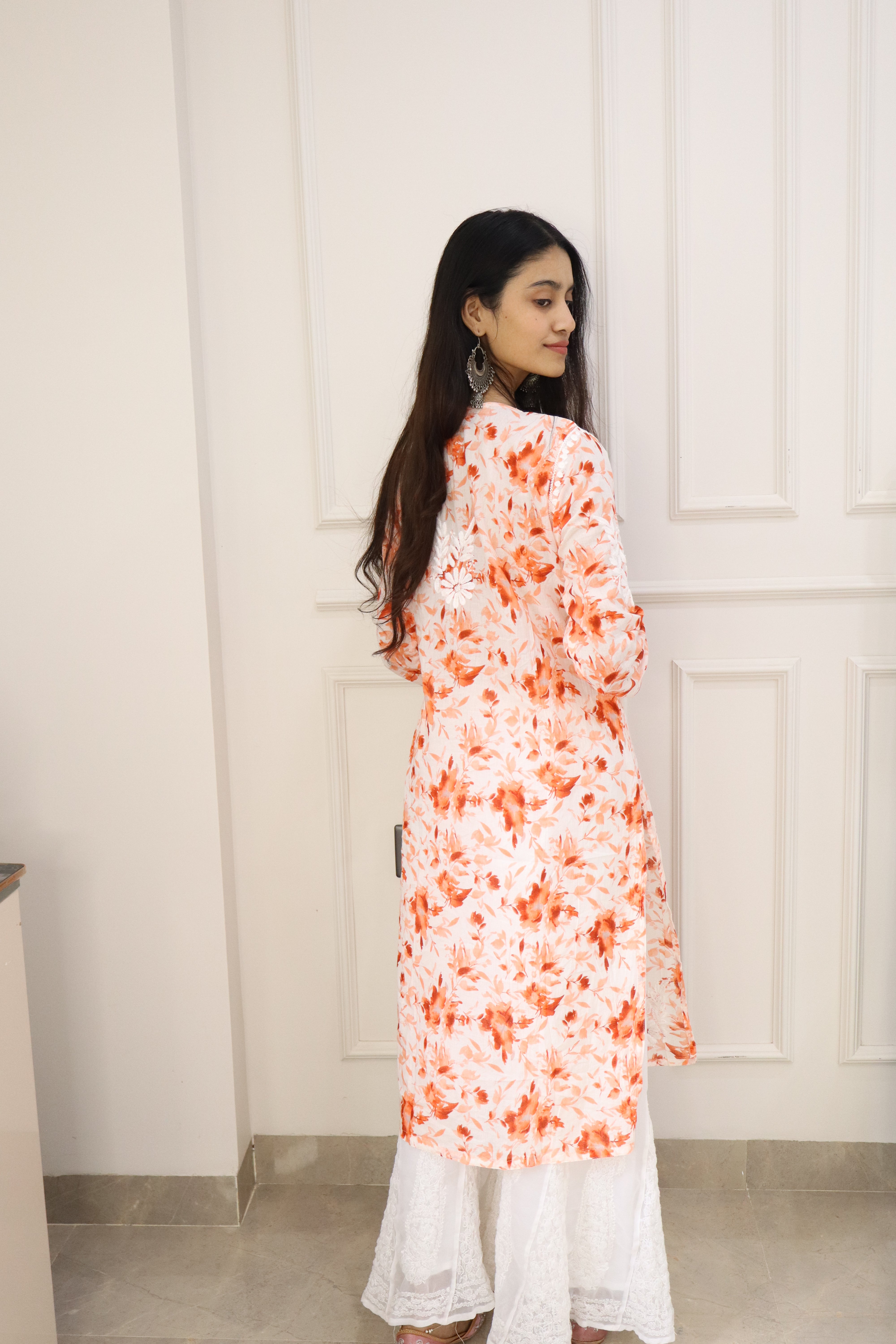 Beautiful Orange Mul mul cotton chikankari kurti