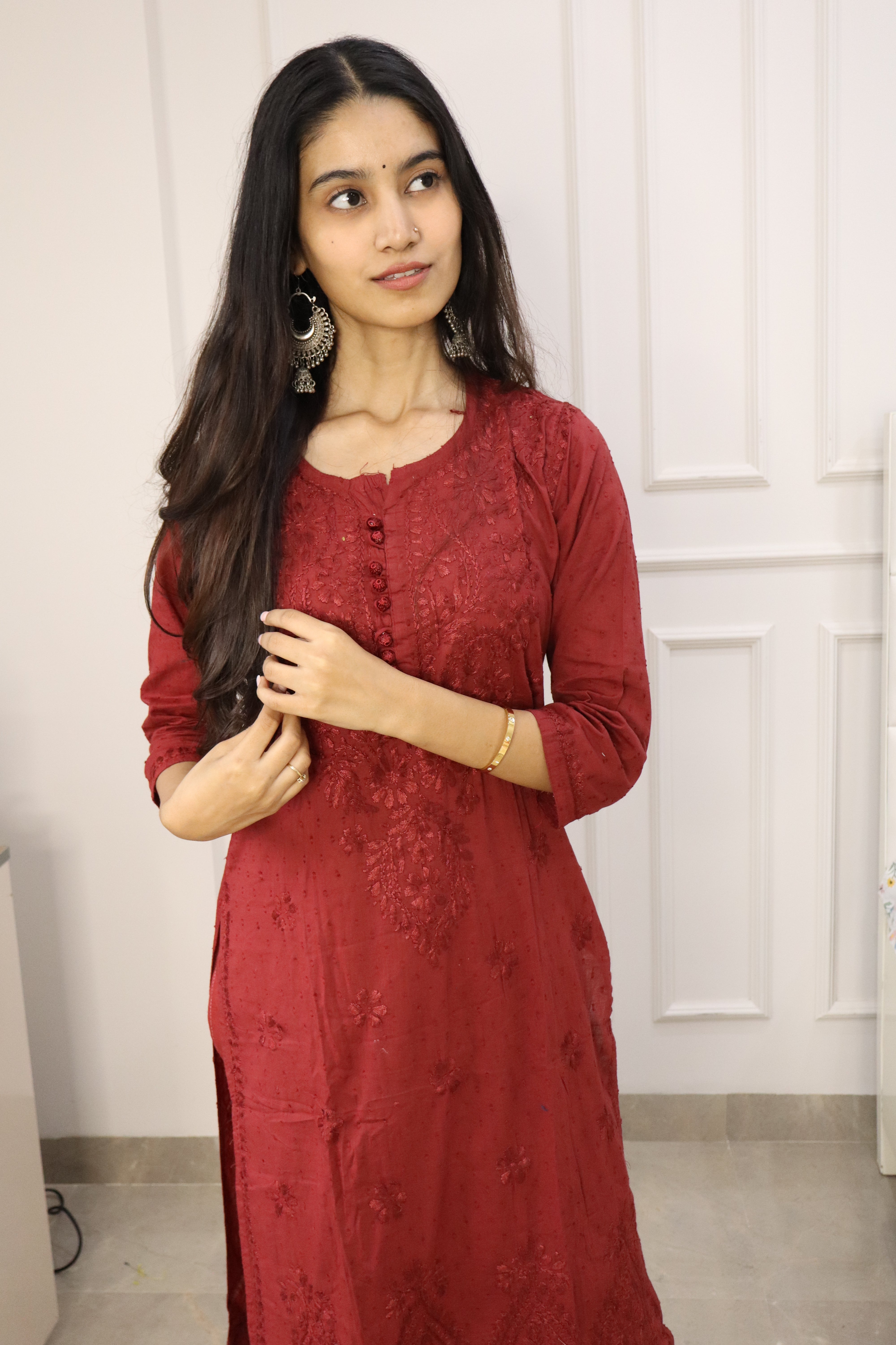 Coke Color Chikankari cotton Kurti With Pant