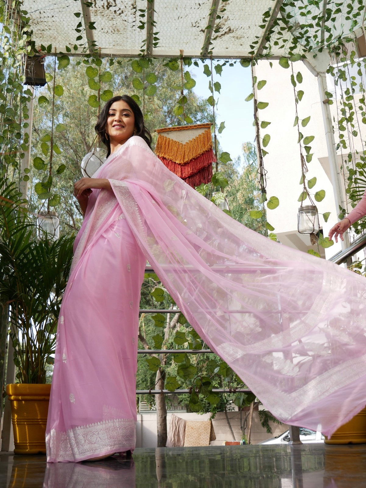 Rose Pink Banarasi Khaddi Georgette Buti Jaal Saree