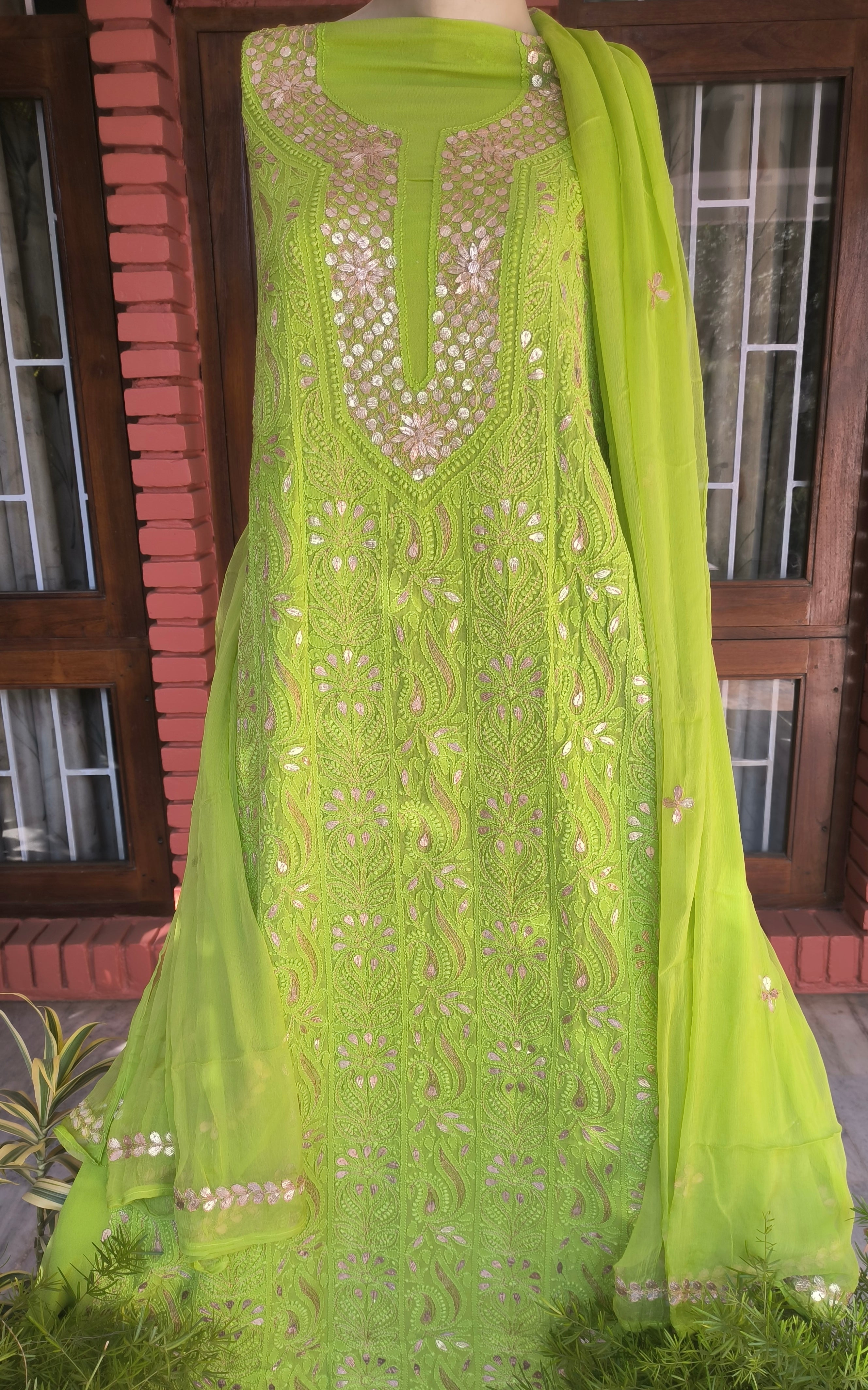 Green Lucknowi Chikankari Gota Patti Salwar Suit(Dress Material)