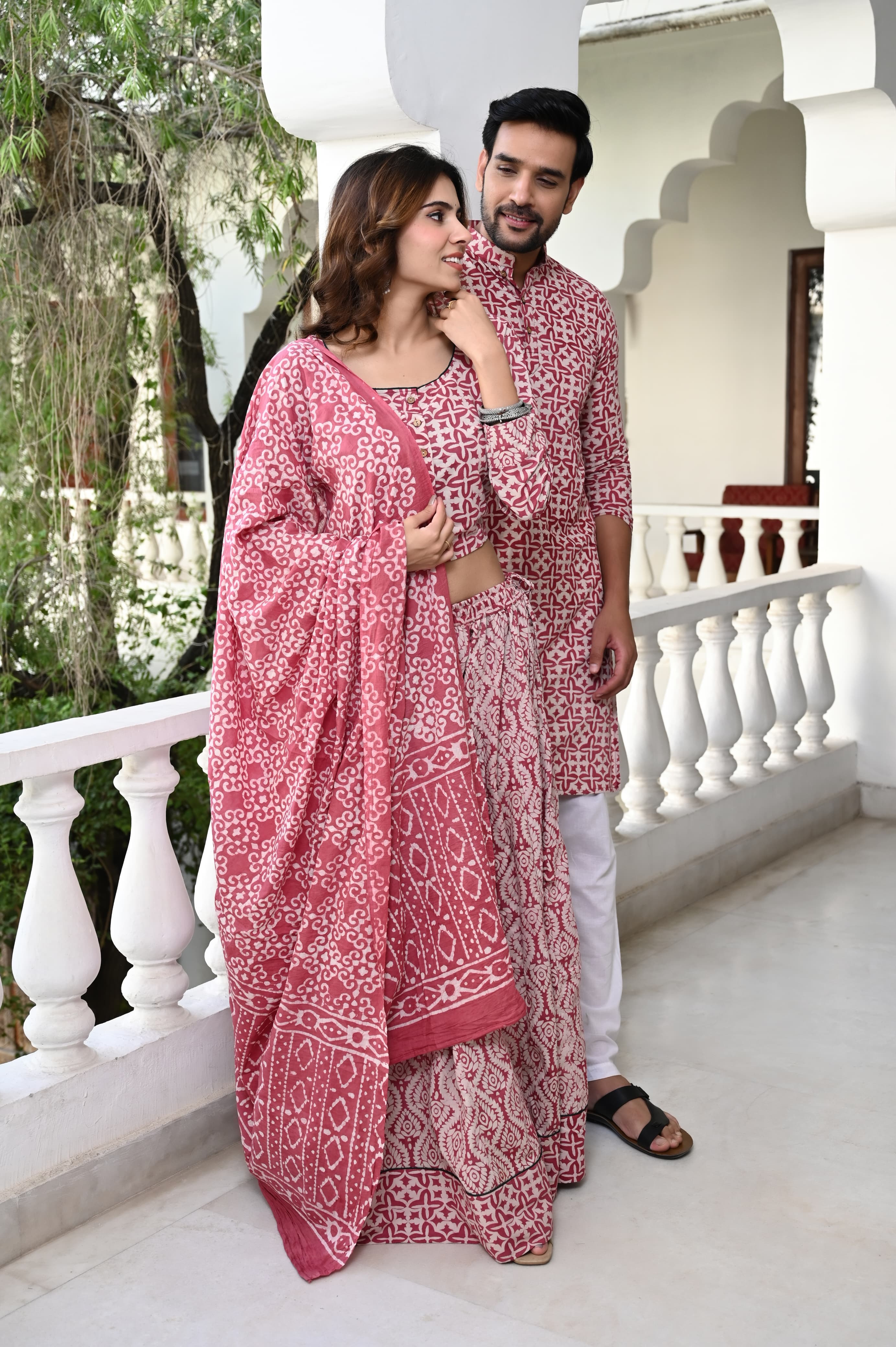 Pink Pure Cotton Twinning Couple Set In Block Print