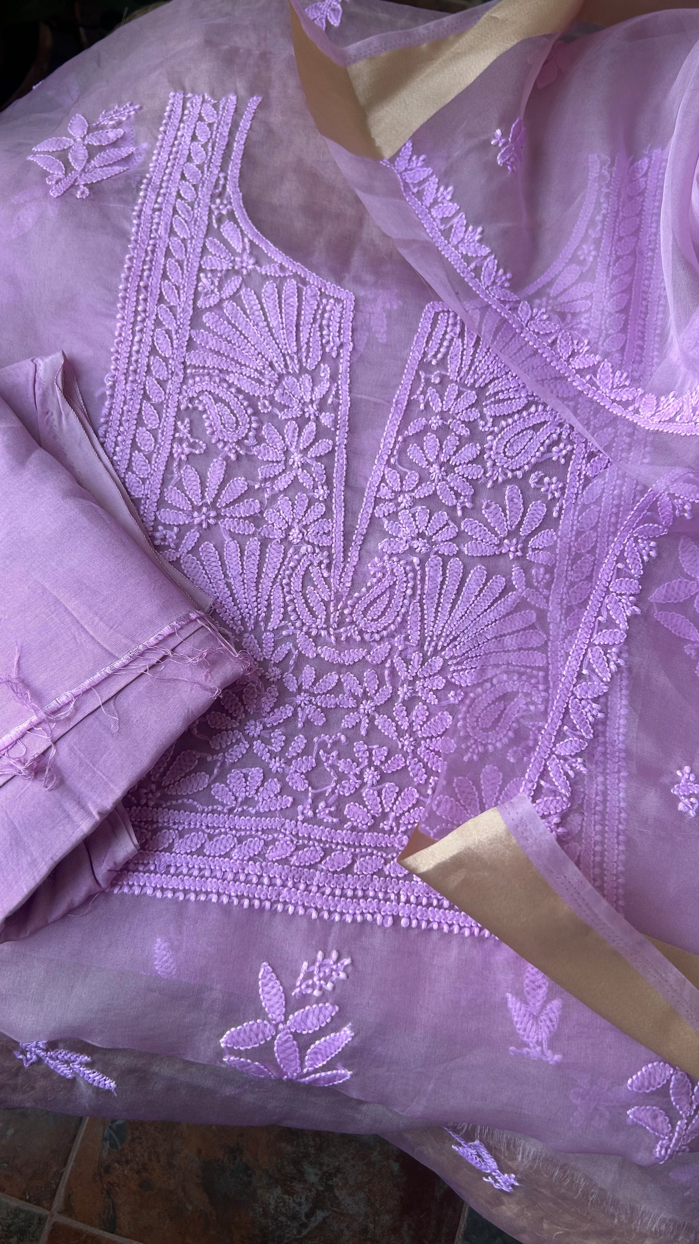 Lavender Purple Chikan work Organza Salwar Suit fabric