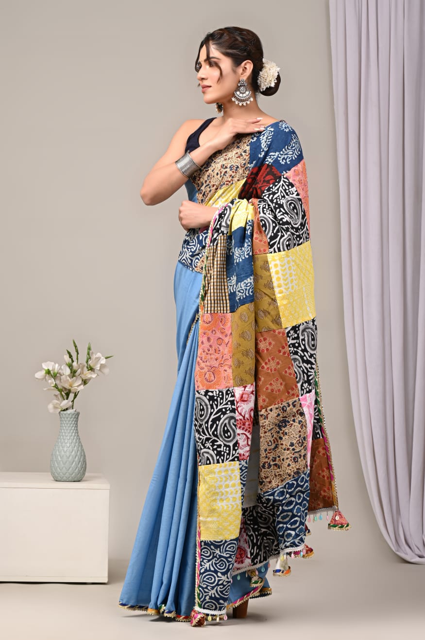 Mulmul Cotton Saree In blue