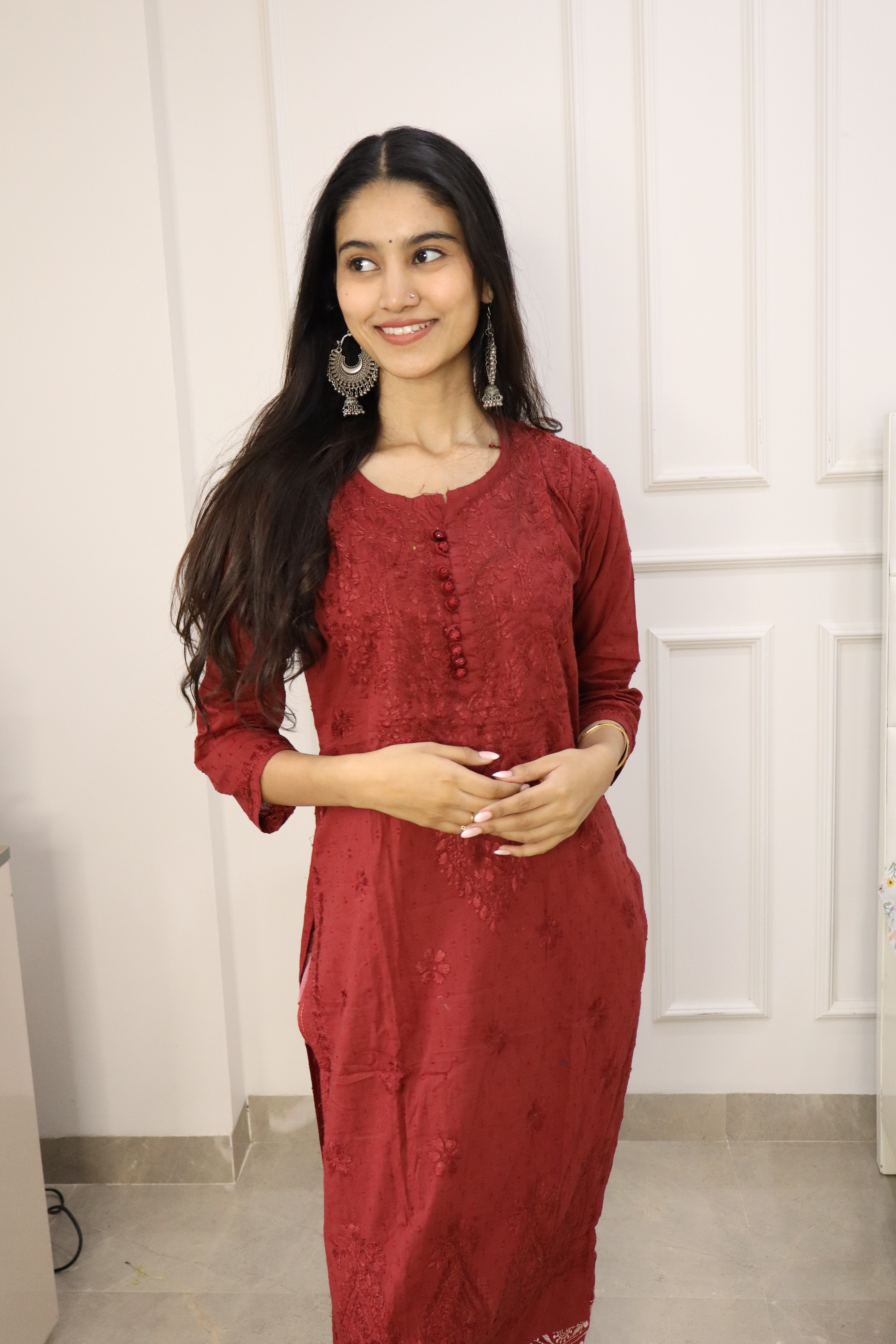 Coke Color Chikankari cotton Kurti With Pant