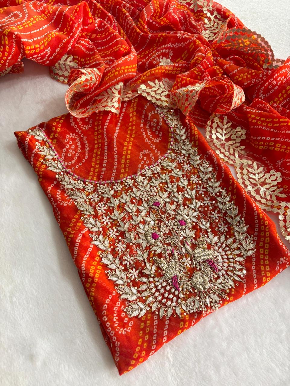 Orange Bandhej Gota Patti Suit