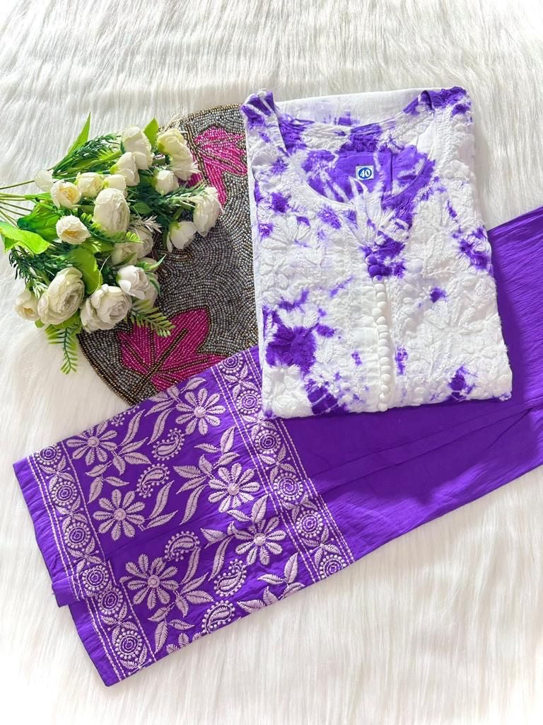 Chikankari cotton Kurti With Pant in white & purple