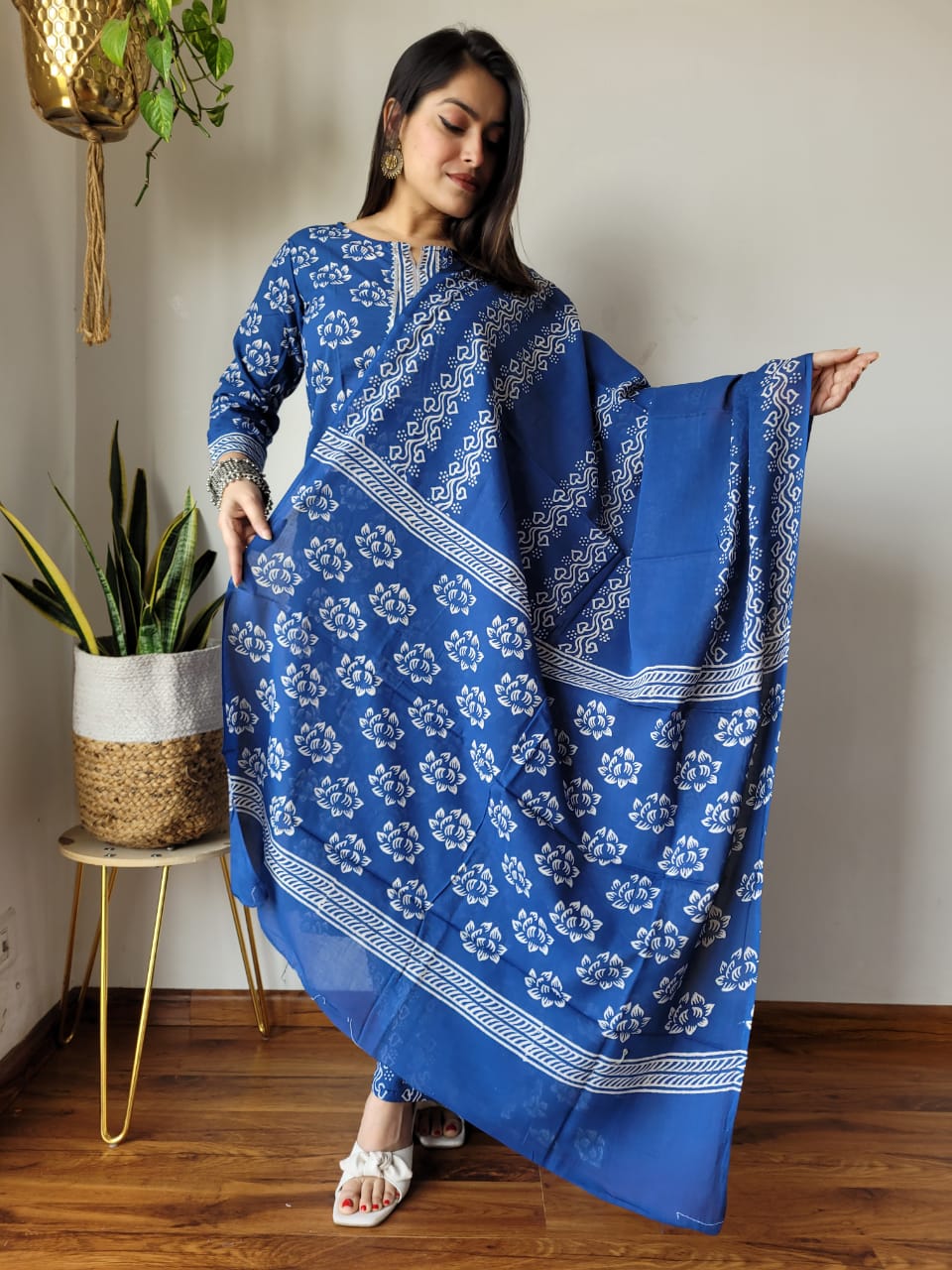 Blue Block Print Suit Set And Dupatta