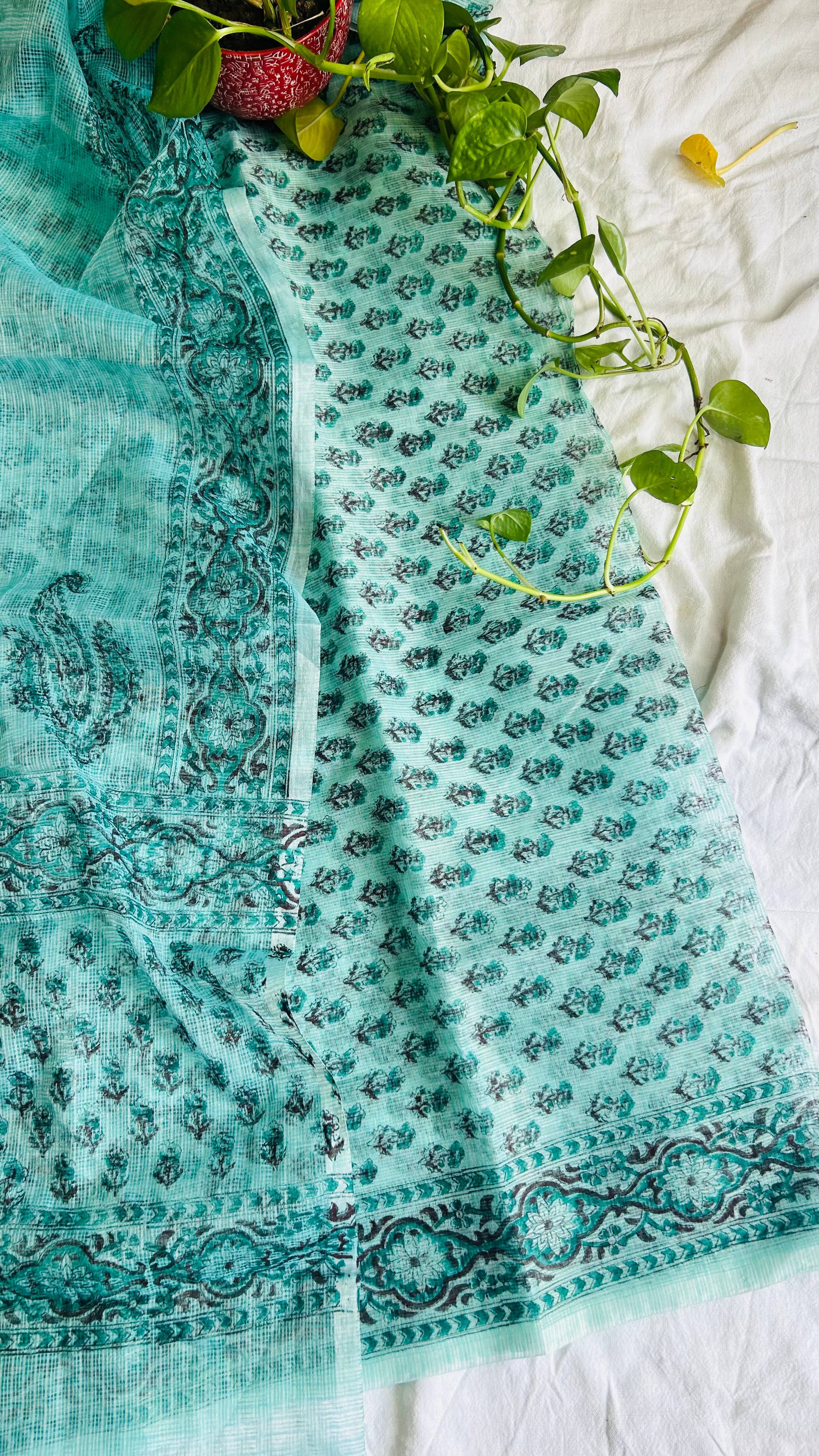 Summer Look Kota Doria Hand Block Print Suit In Green (unstitched)