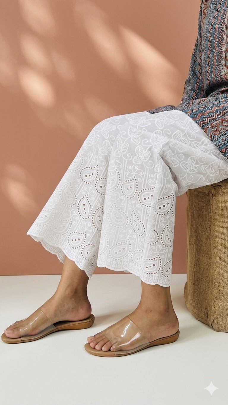 Ojasvi White Full Chikankari Embroidery Work Straight Pant In Cotton For Women