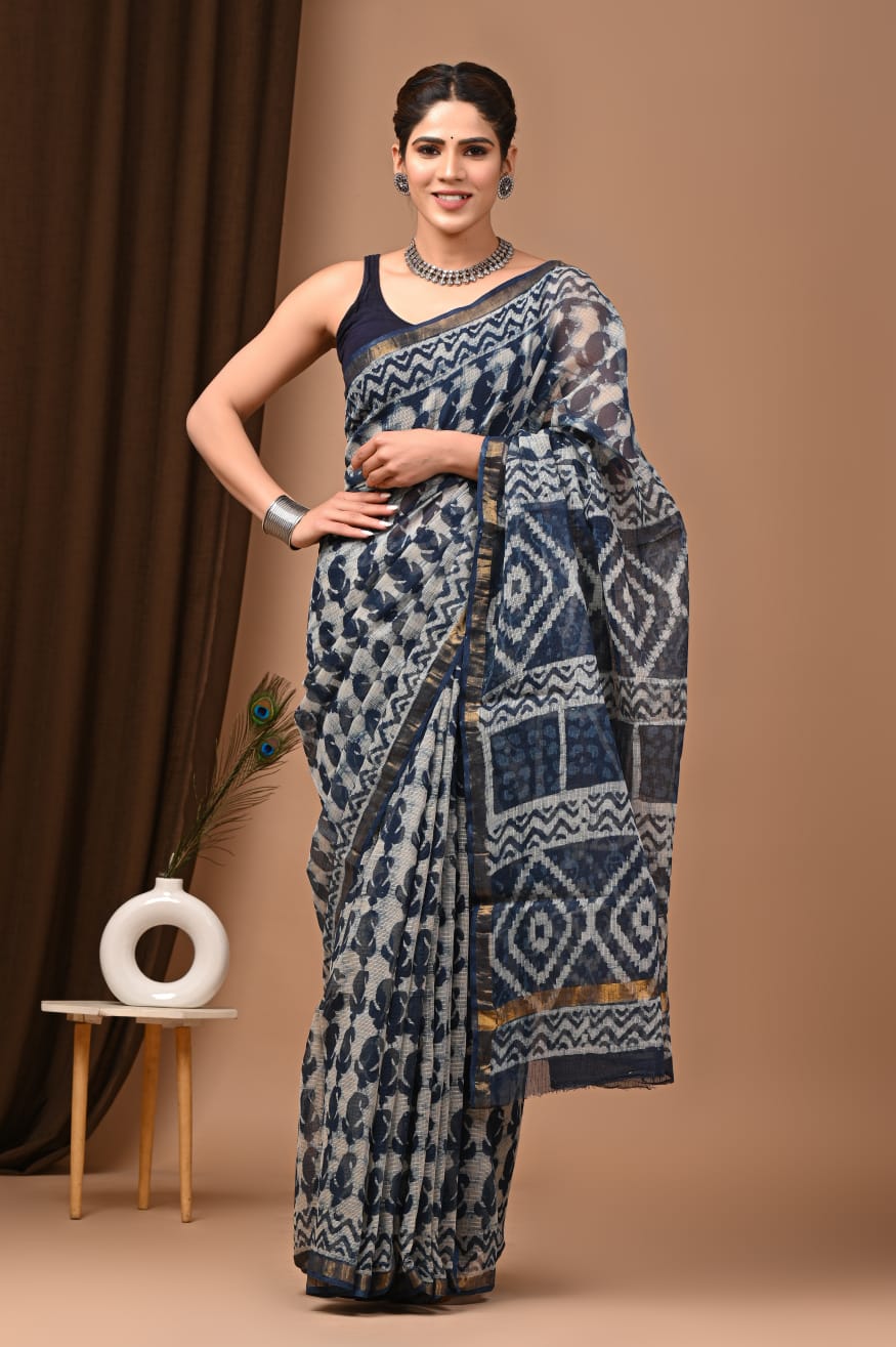 Elegant Ink Blue Traditional Kota Doria Print Saree