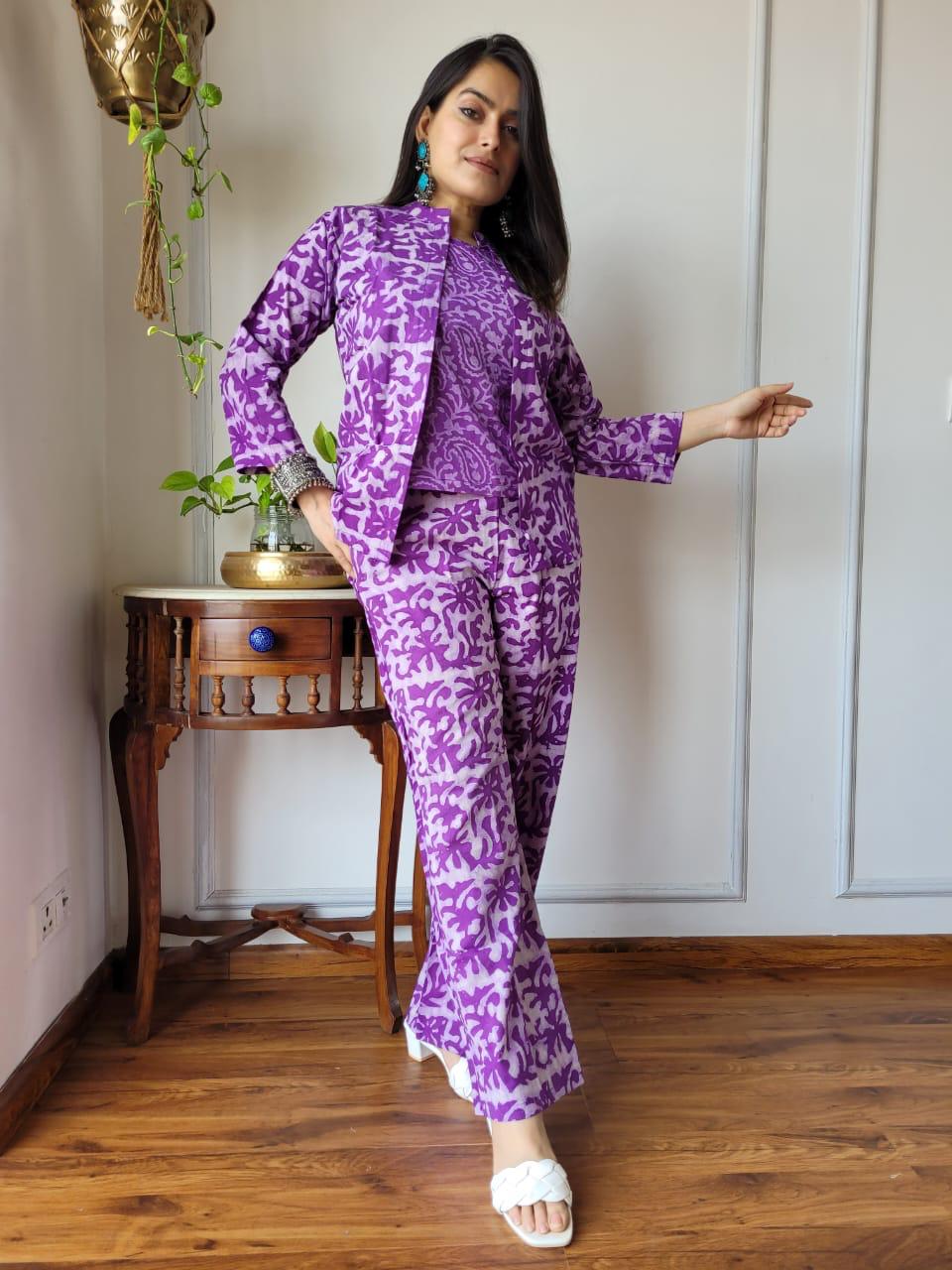 Purple Formal Block Print 3 piece Cord Set