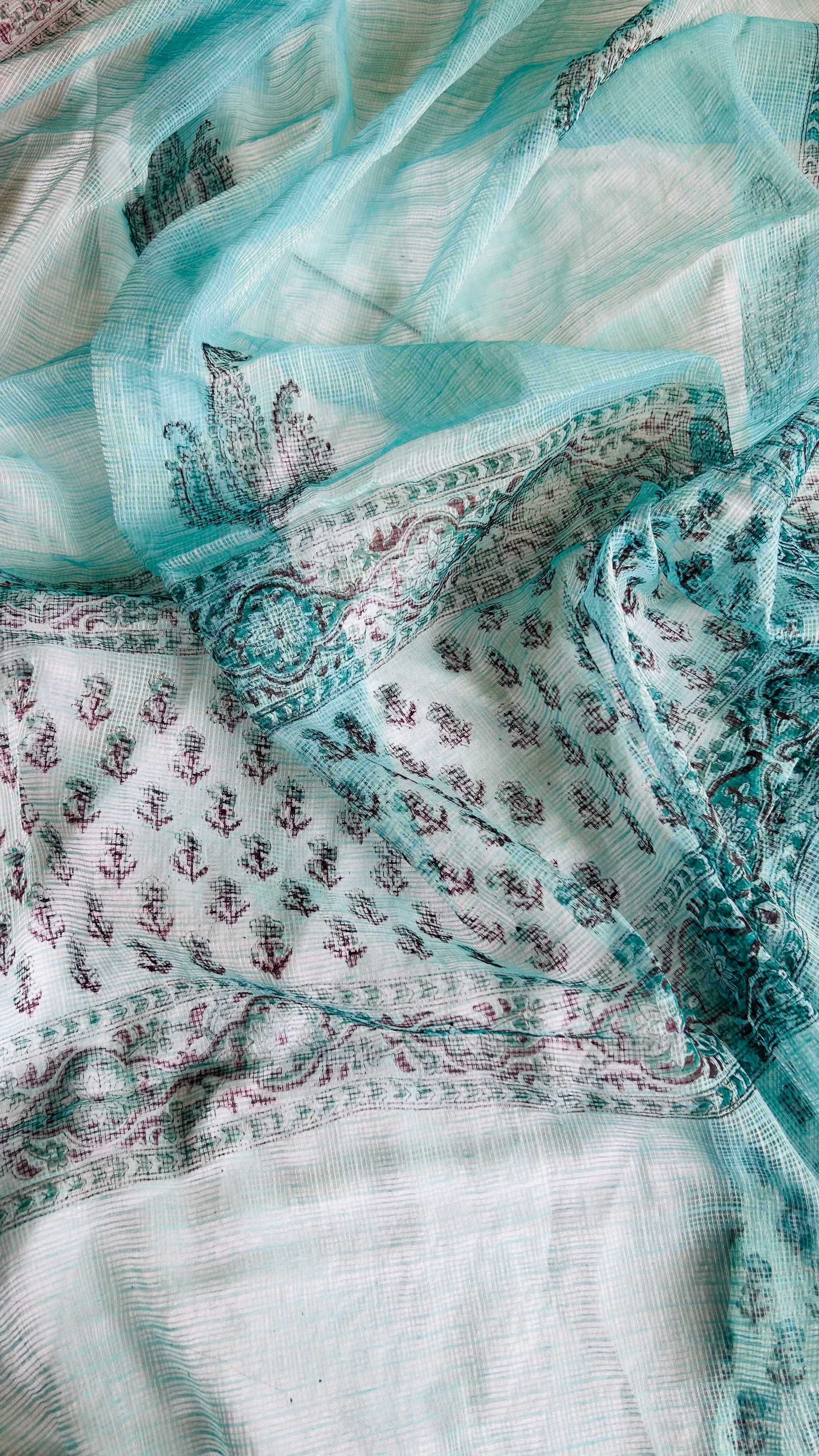 Summer Look Kota Doria Hand Block Print Suit In Green (unstitched)