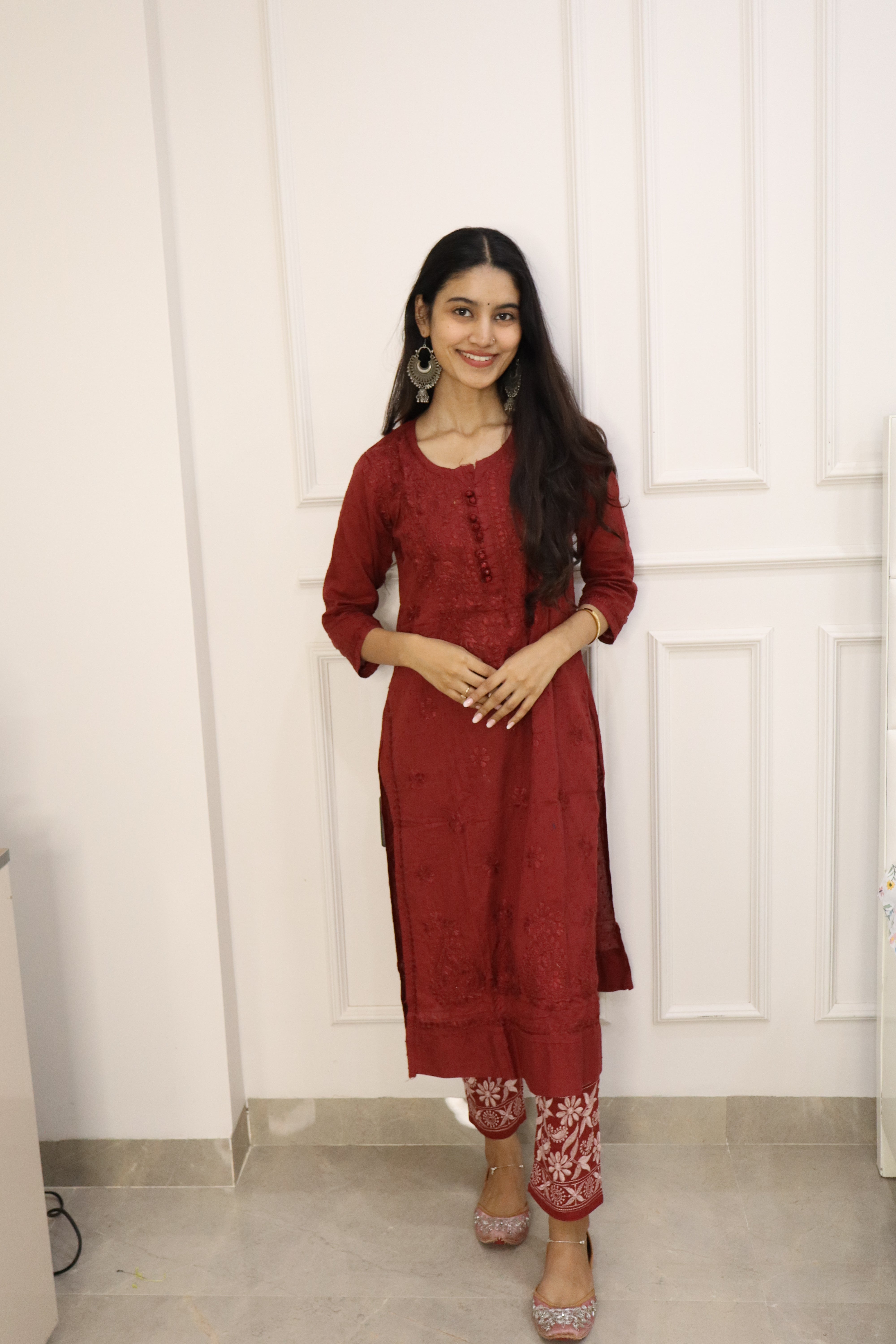 Coke Color Chikankari cotton Kurti With Pant