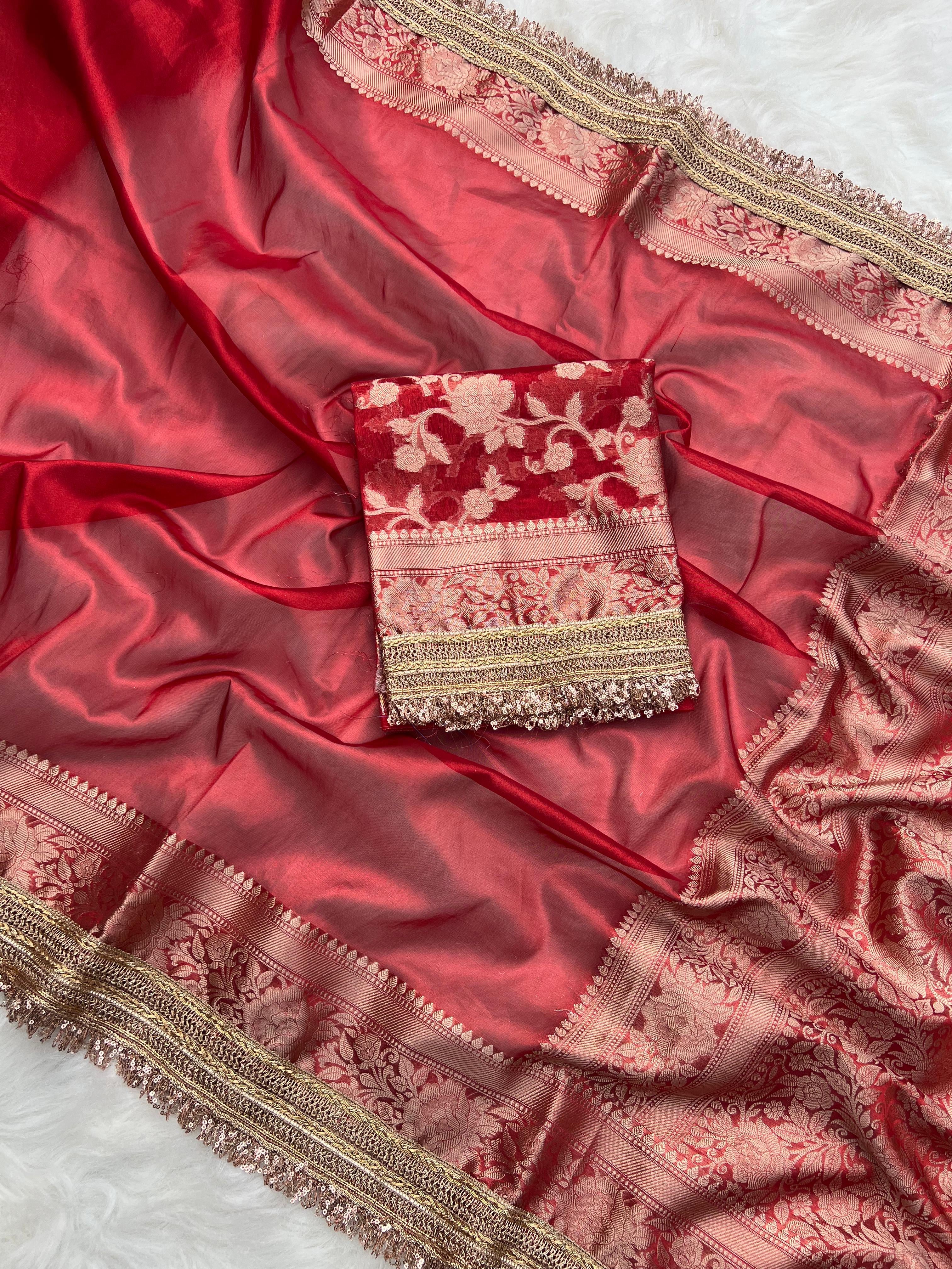 Red Chamki Banarasi Tissue Saree