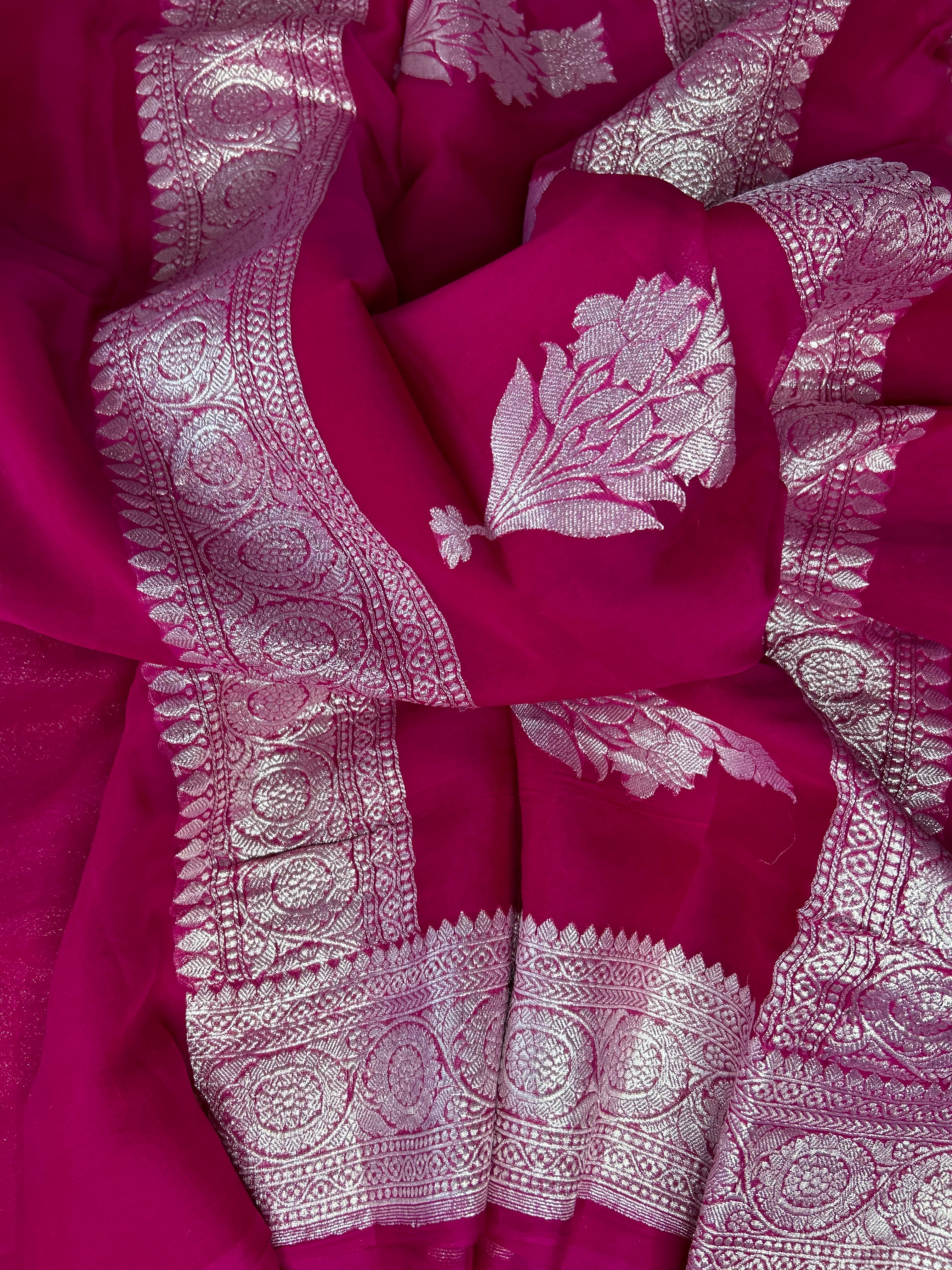 Hot Pink Khaddi Banarasi Chiffon Saree