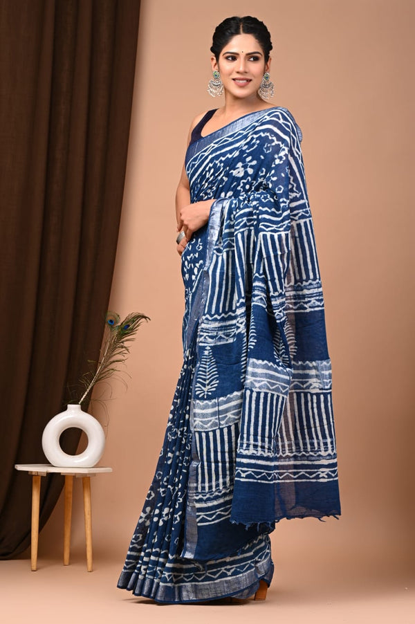 Blue Bagru Linen Cotton Saree