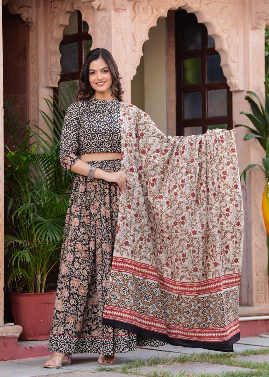 Black Block Print Flora lehenga choli Set