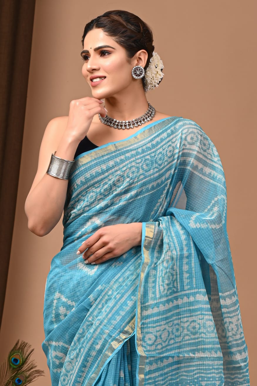 Elegant Ocean Blue Kota Doria Traditional Print Saree