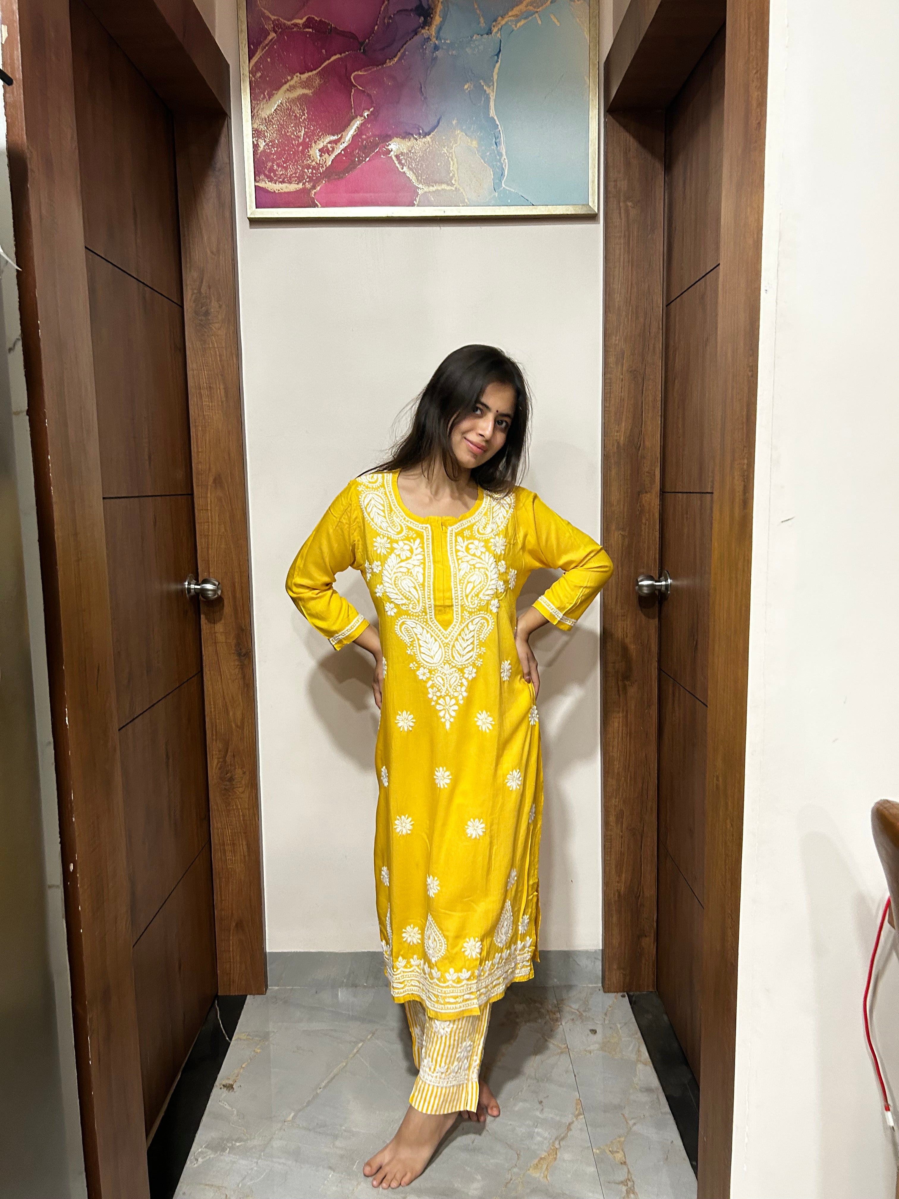 Yellow Chikankari Kurti In Rayon With Cotton Stripes Pant