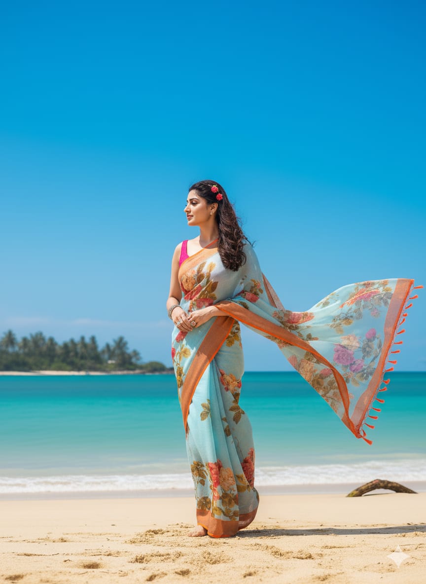 Blue Floral Pure Linen Saree