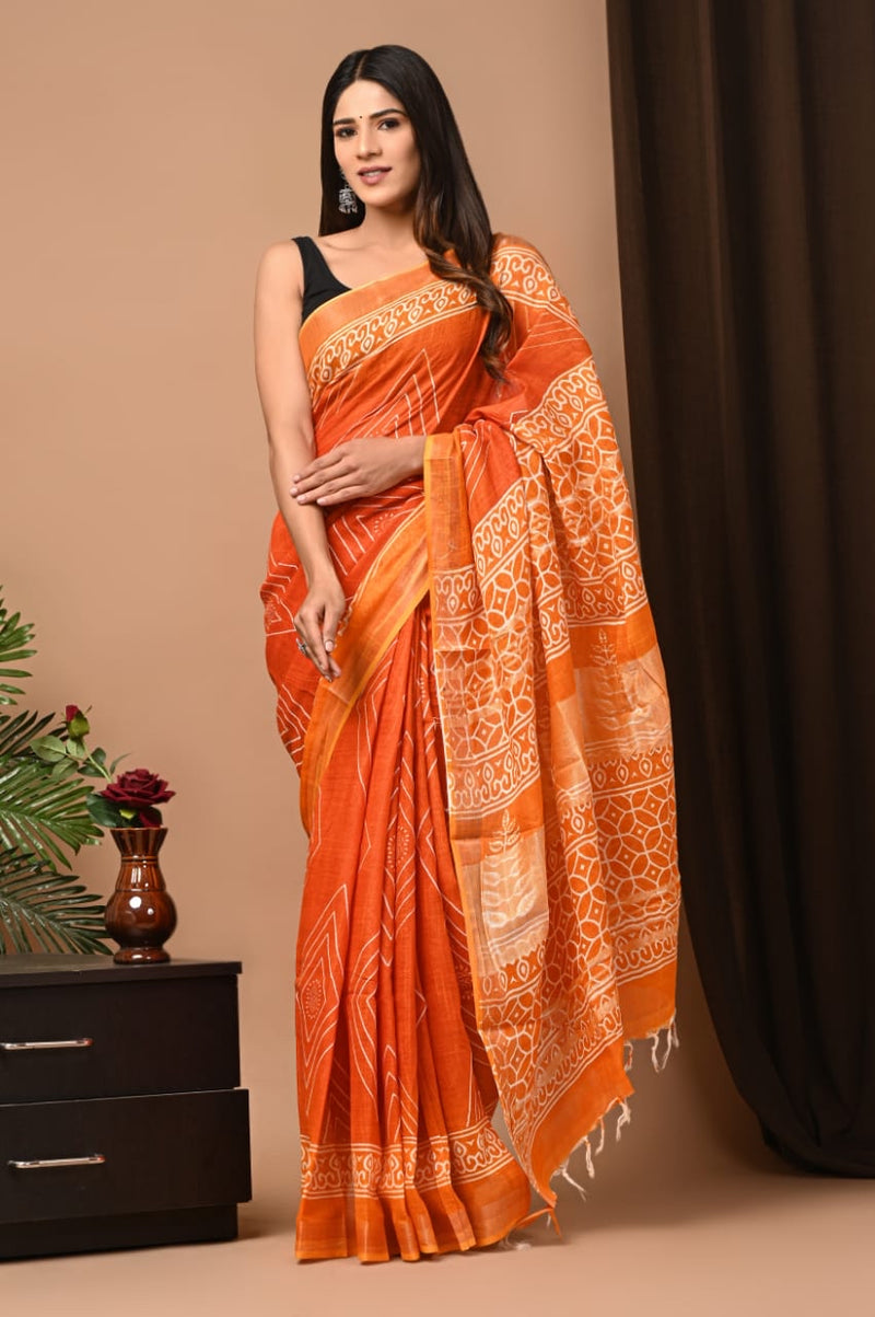 Orange Pure Linen Saree