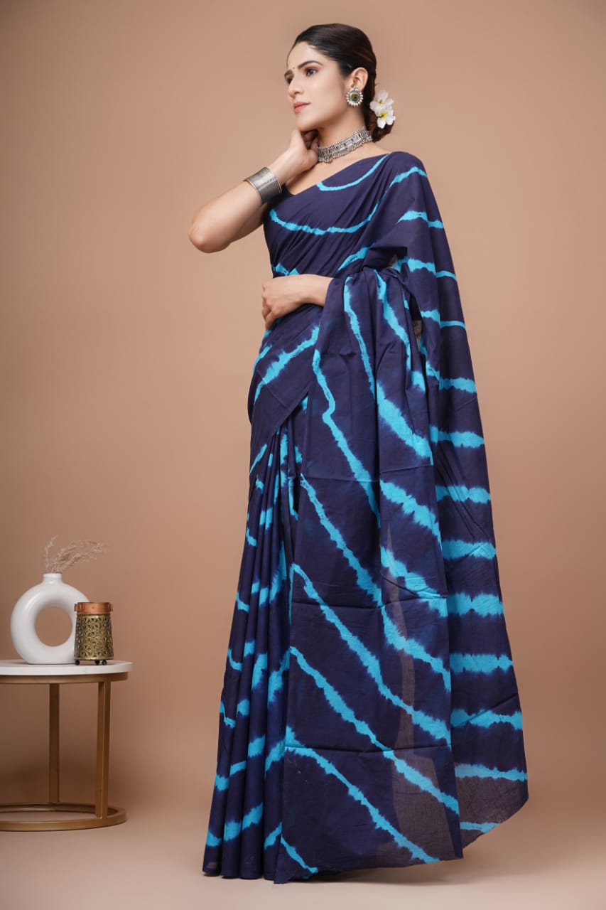 Leheriya Blue Hand Block Print MulMul Cotton Saree