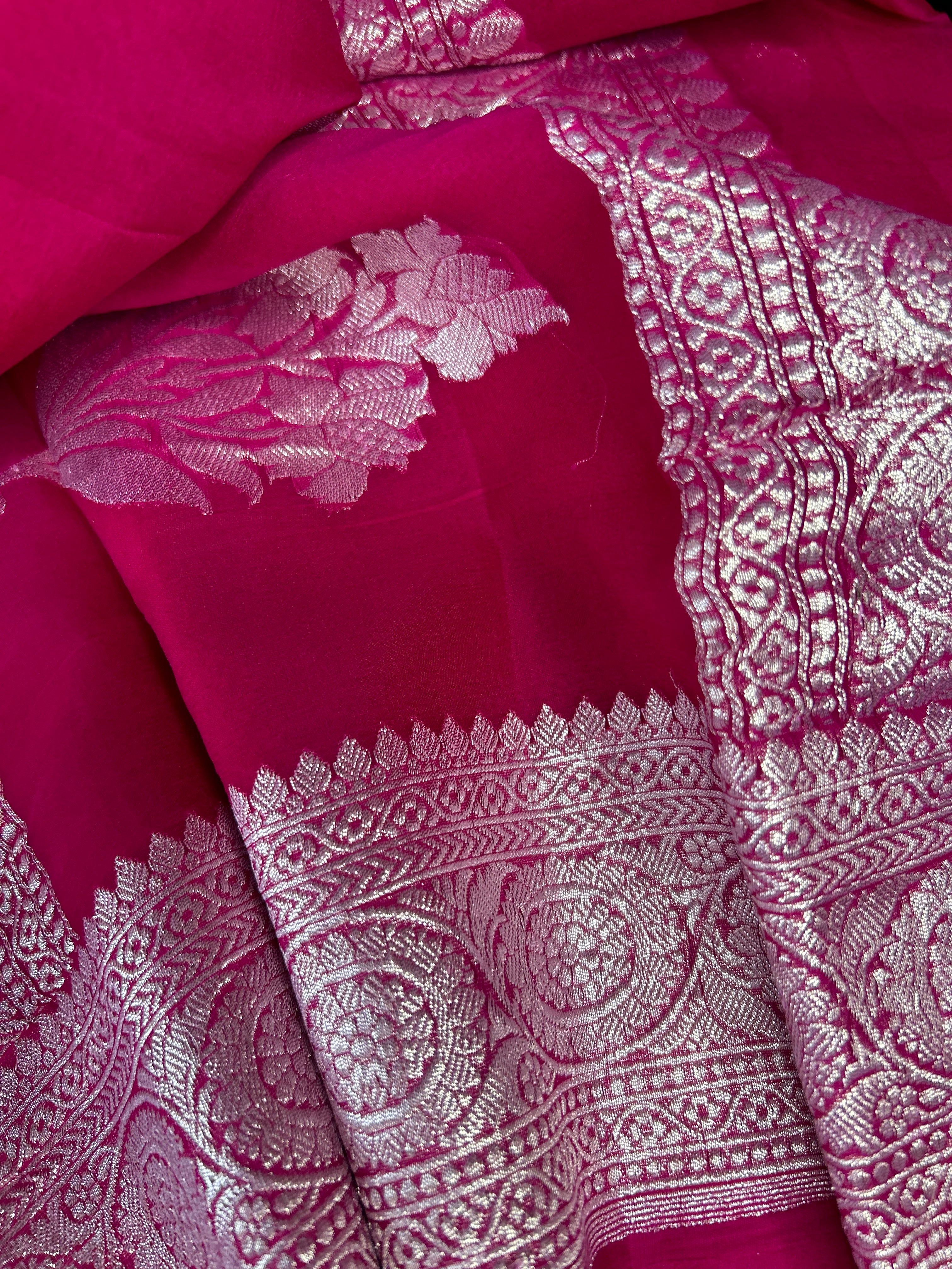 Hot Pink Khaddi Banarasi Chiffon Saree