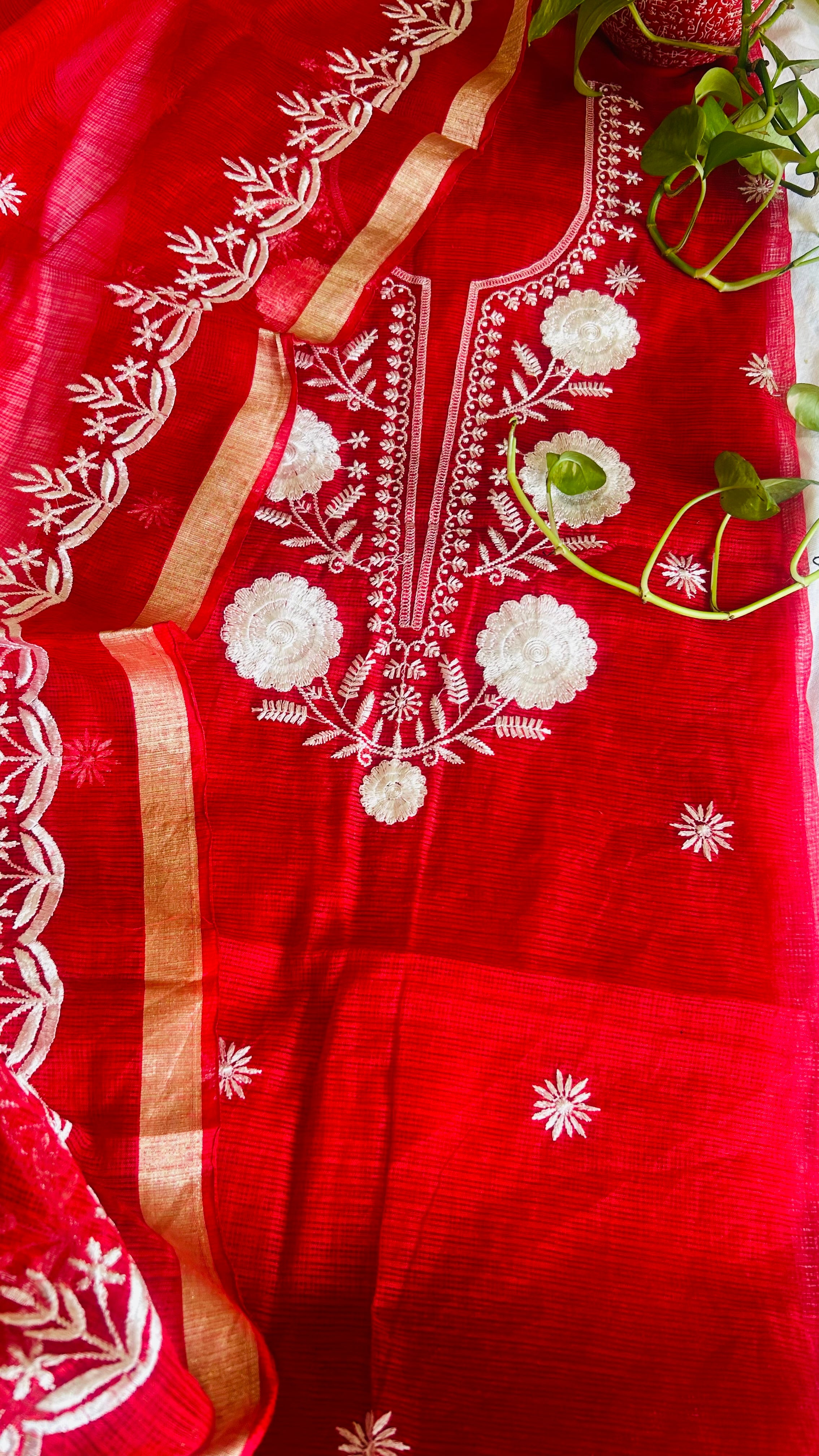 Kota Doria Embroidered Suit Set In Red (unstitched)