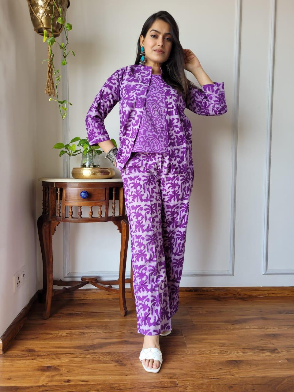 Purple Formal Block Print 3 piece Cord Set