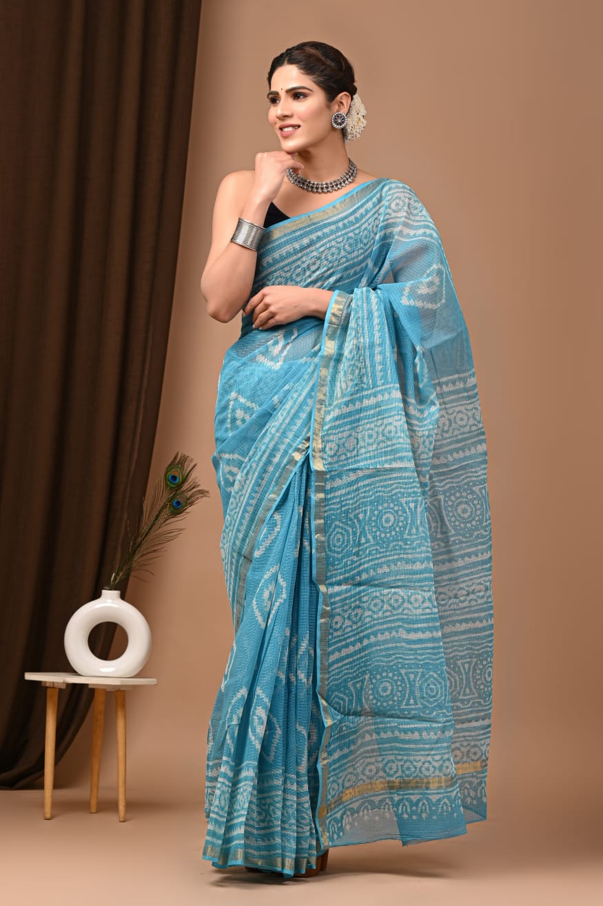 Elegant Ocean Blue Kota Doria Traditional Print Saree