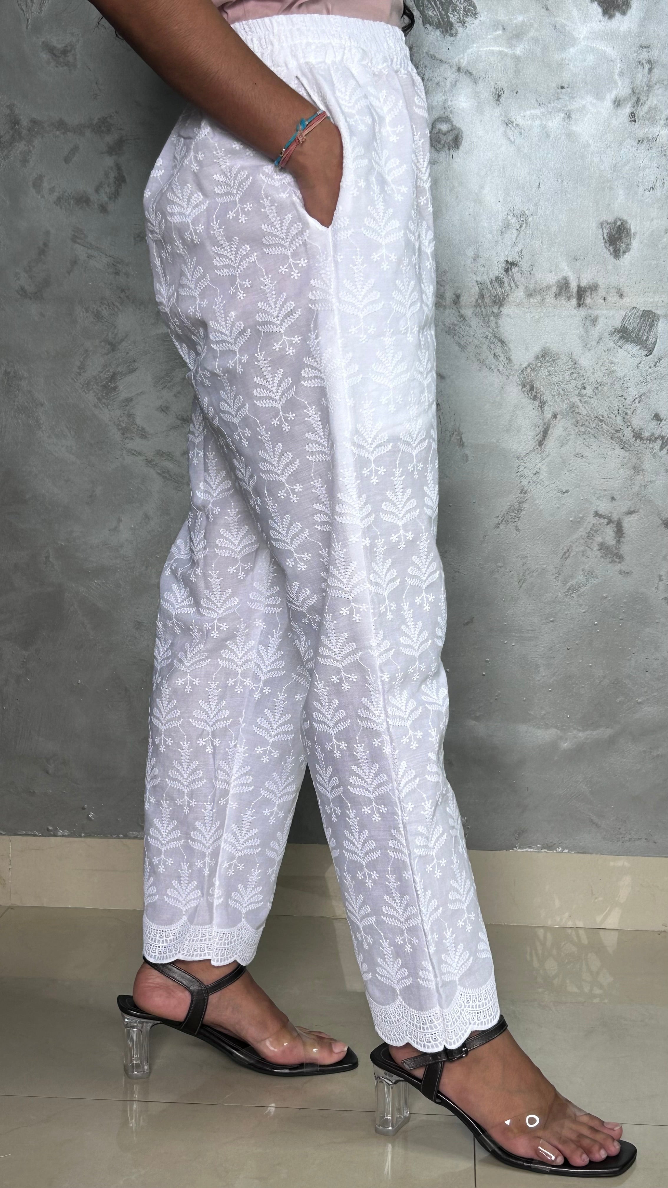 White Full Chikankari Embroidery Work Straight Pant In Cotton