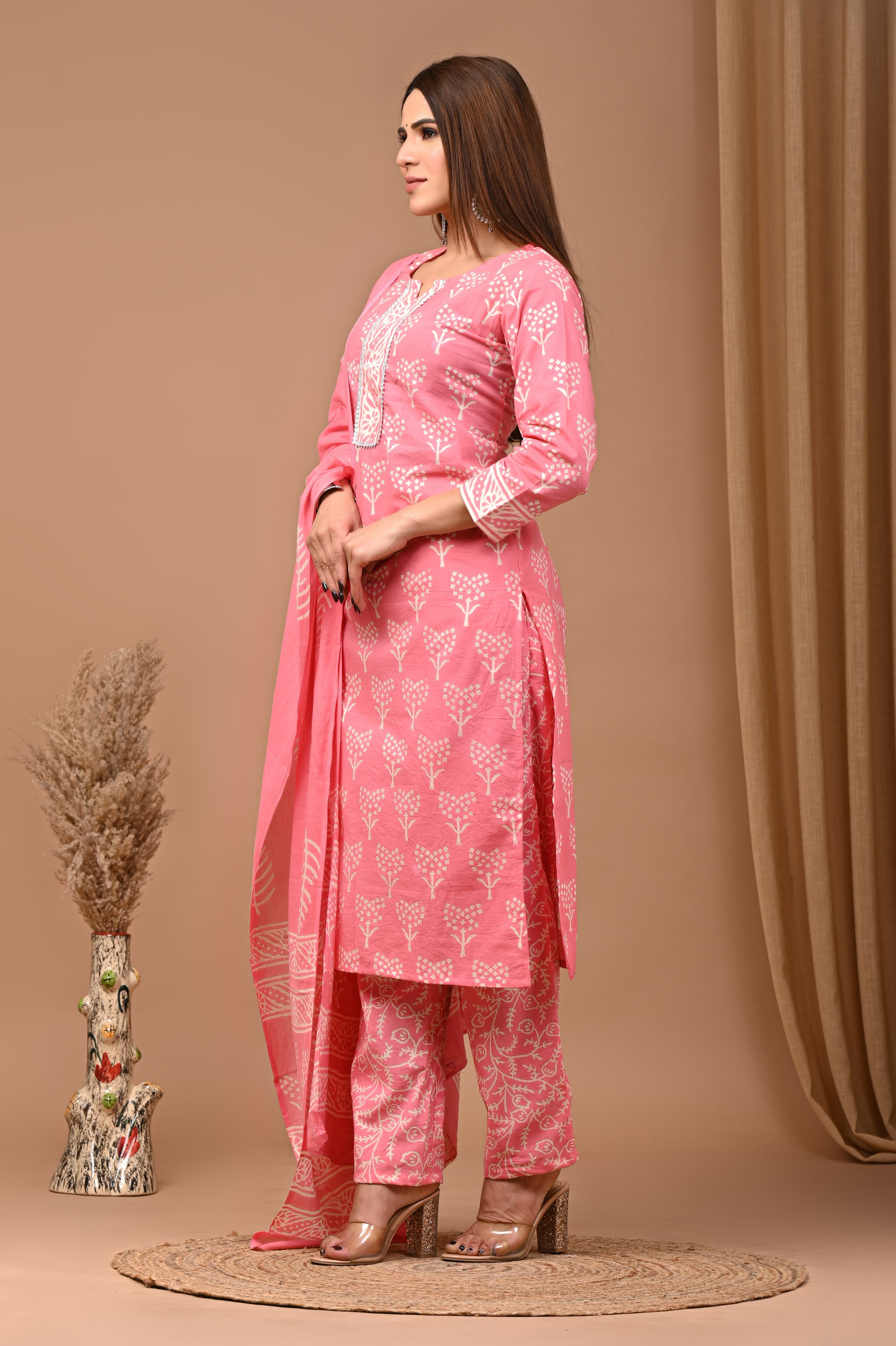 Gajri Pink Block Print Suit Set And Dupatta