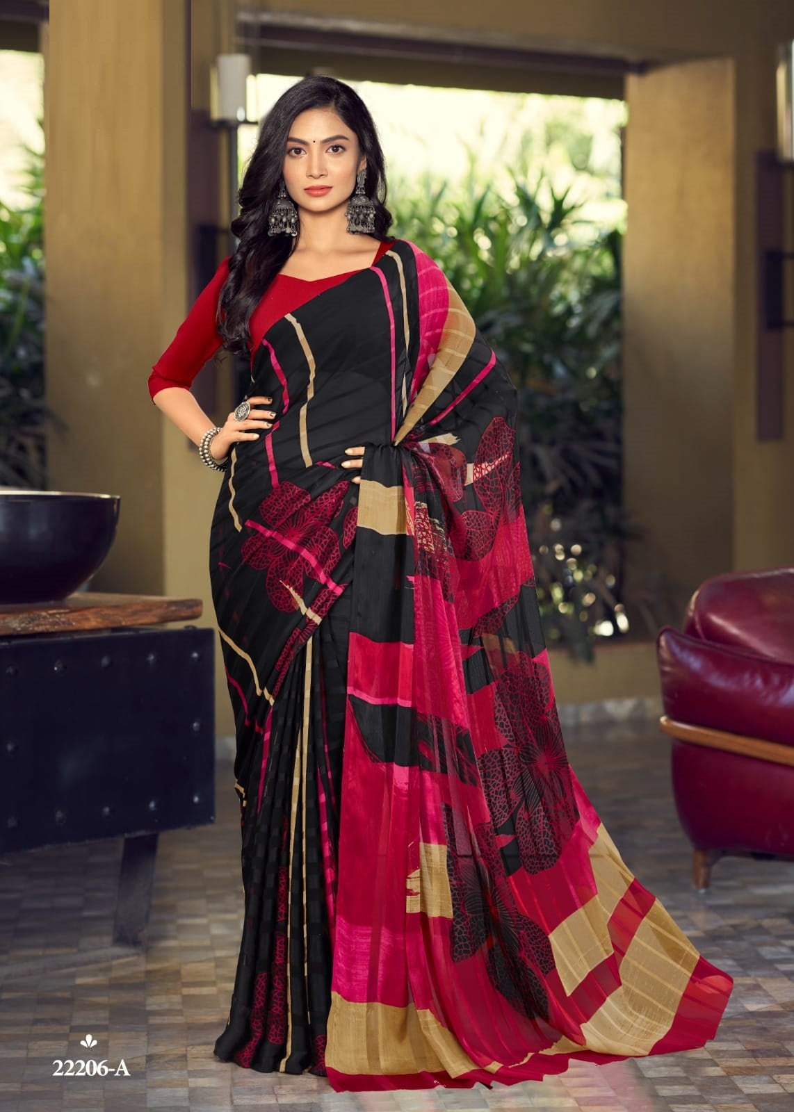 Red Black Satin Georgette Silk Saree