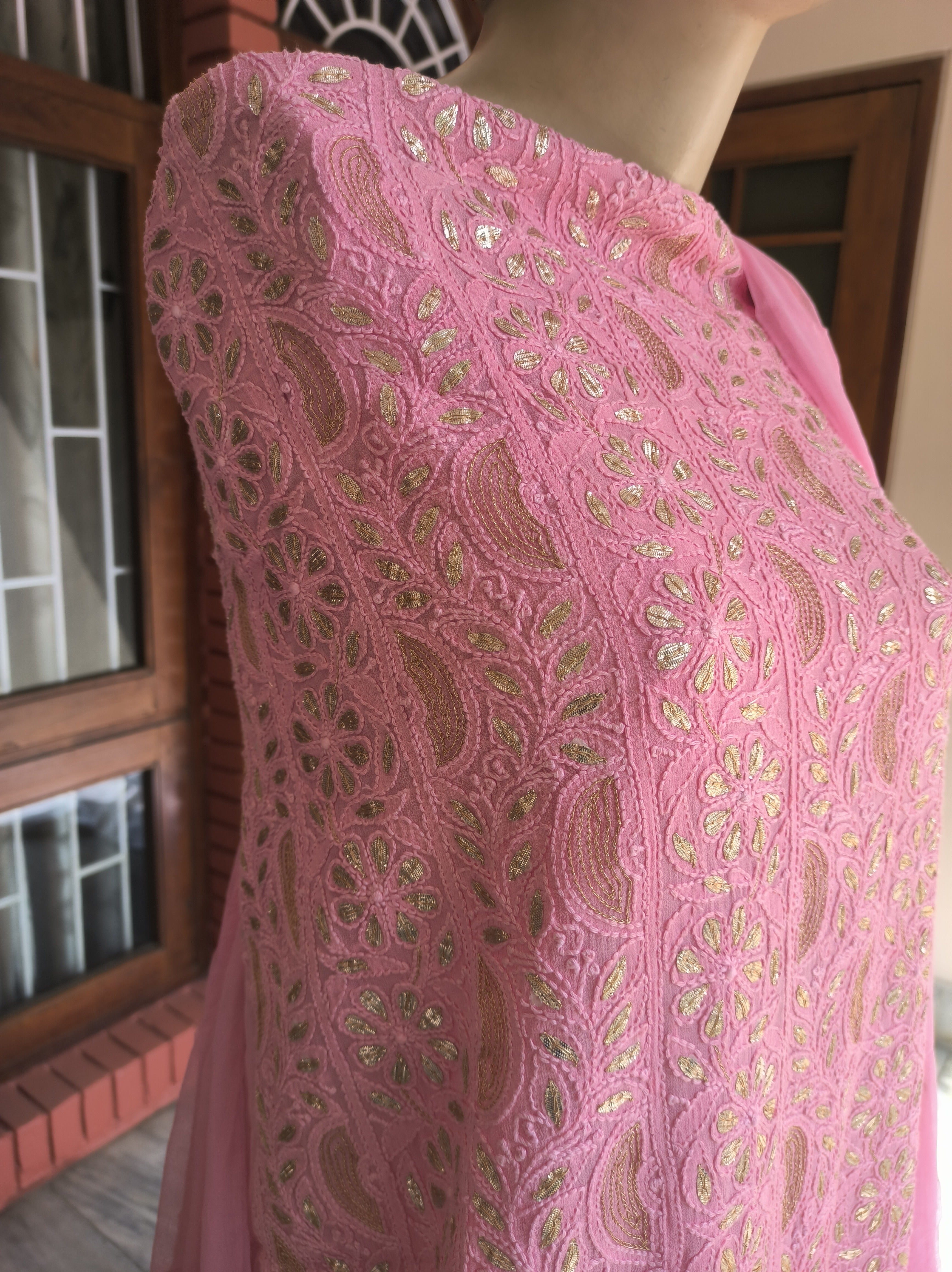 Pink Lucknowi Chikankari Gota Patti Salwar Suit(Dress Material)