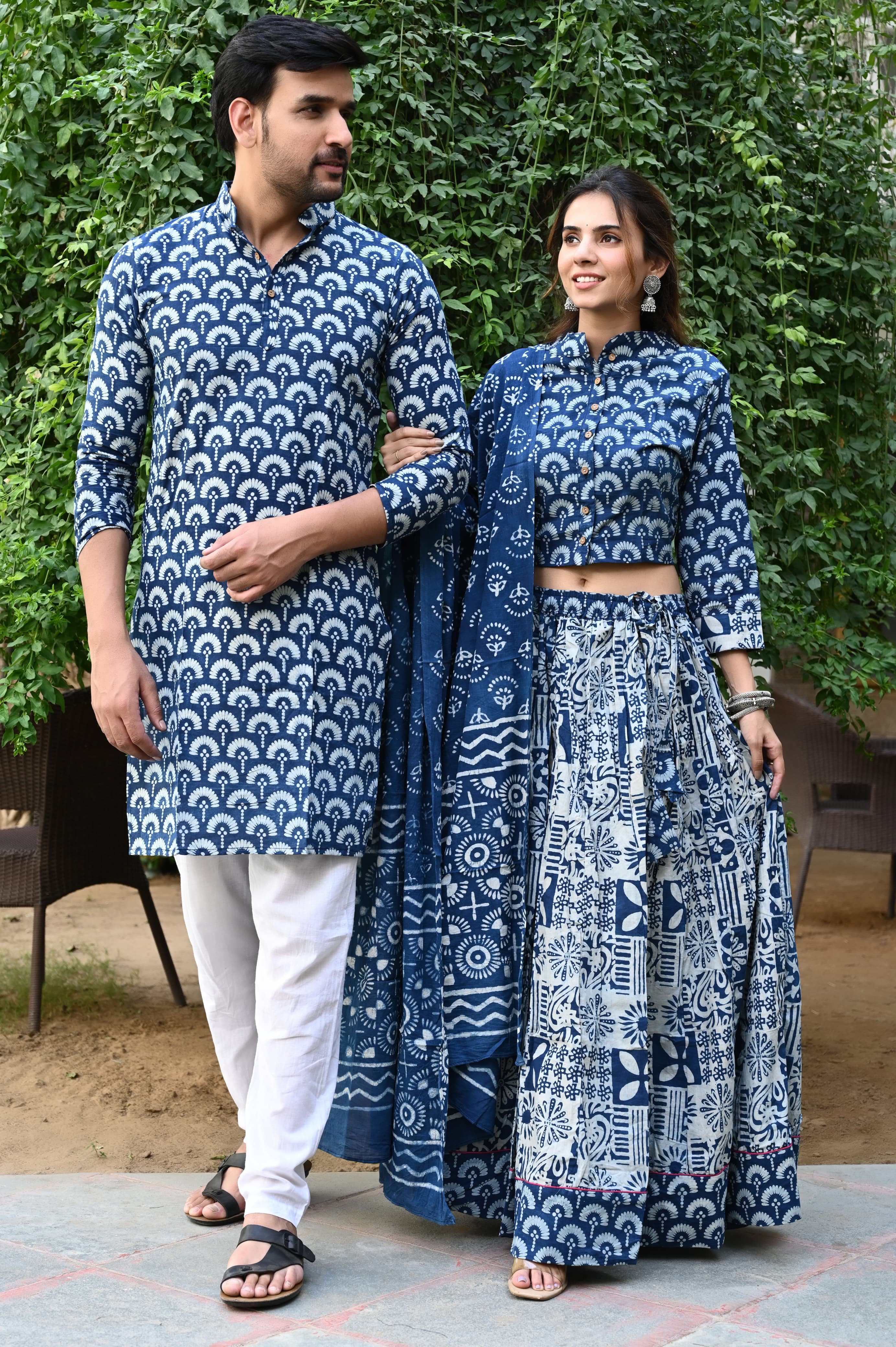 Indigo Pure Cotton Twinning Couple Set In Block Print